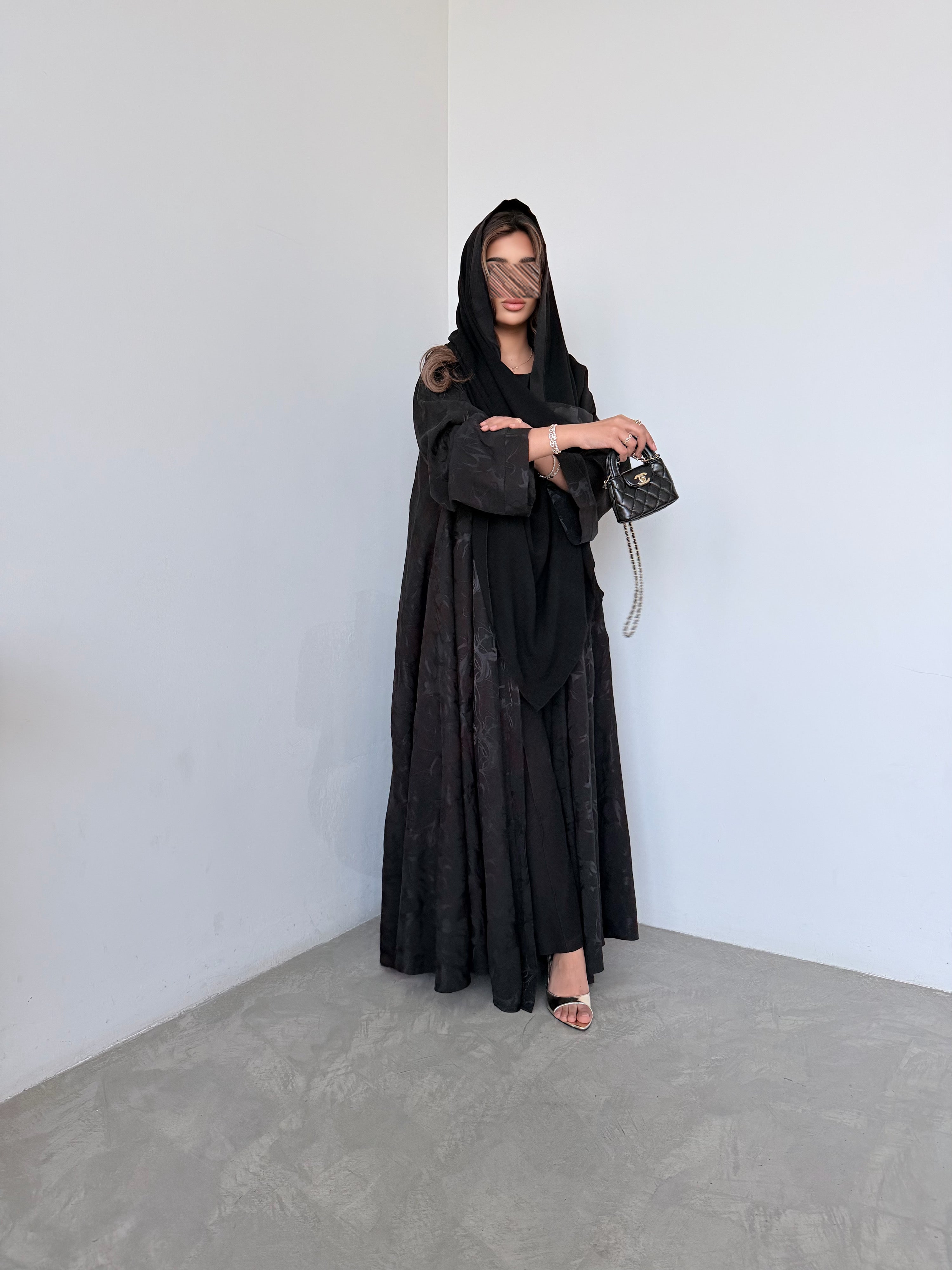 MWT5066 - عباية جاكار كوري دبل كلوش أسود – إصدار مميز - Aya