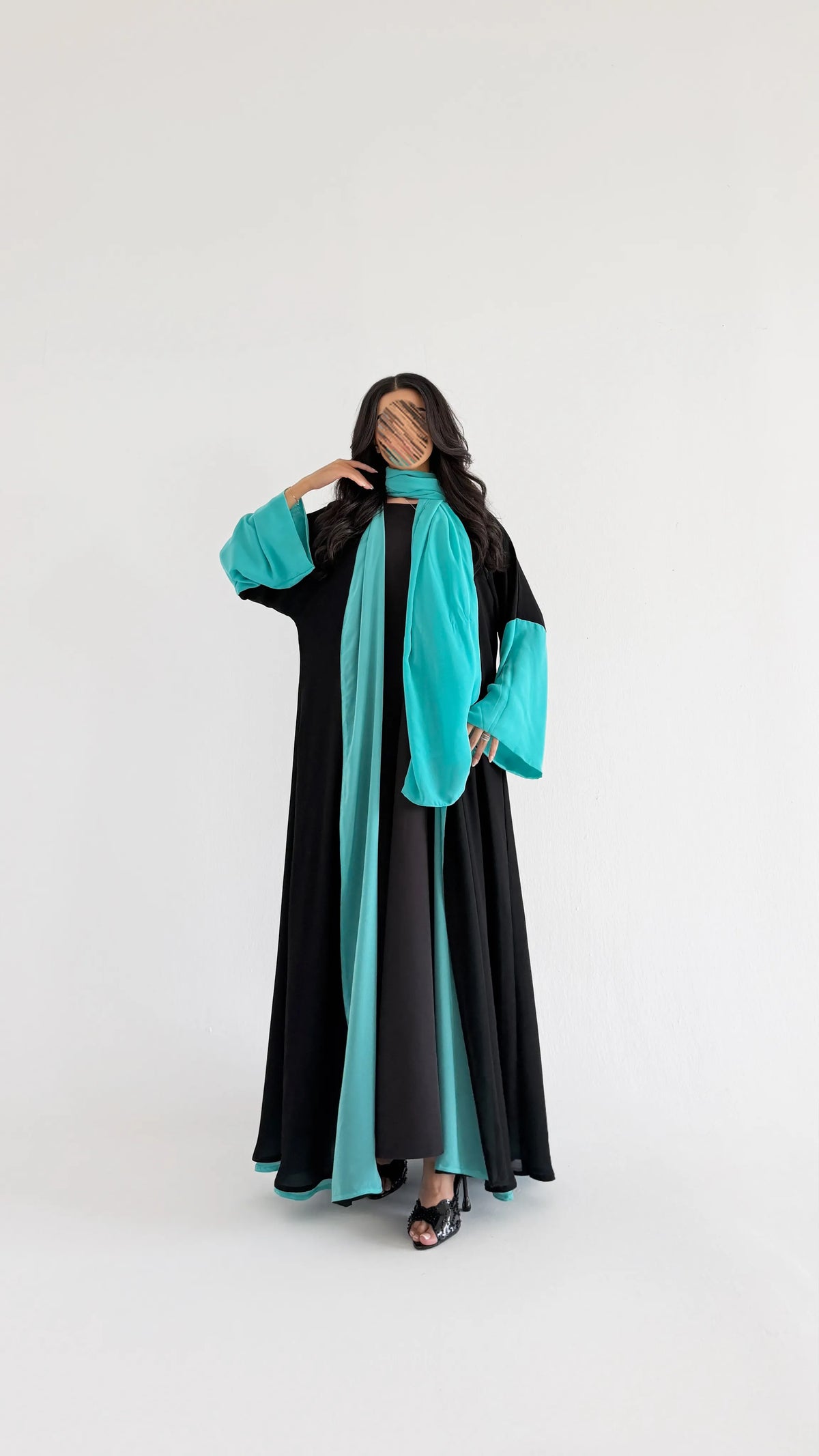 MWT1259 - عباية دبل فيس اسود وتركواز - Aya
