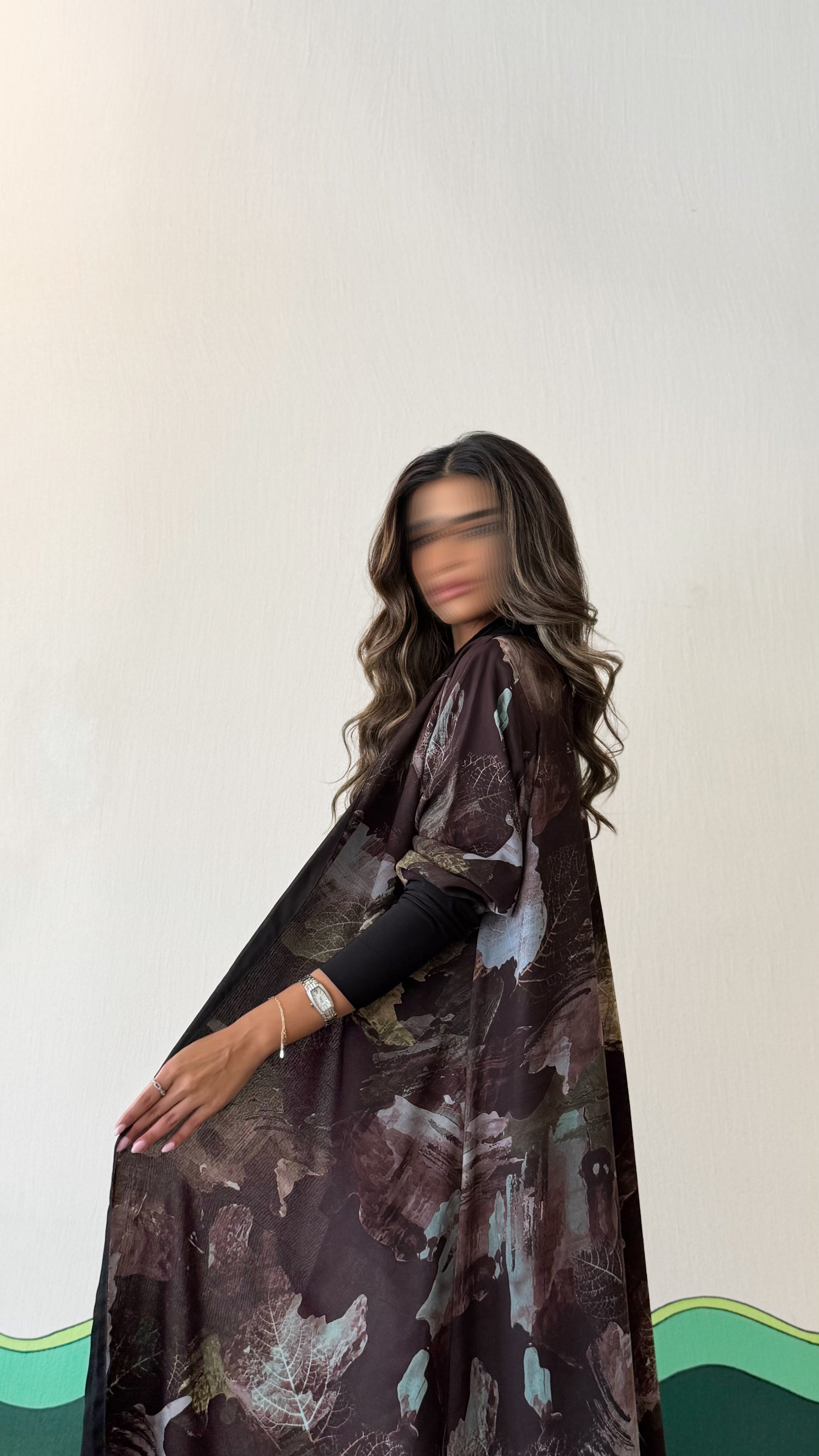 MW1696 - عباية نص كلوش مشجرة مبطن مع اكمام استرتش - Aya