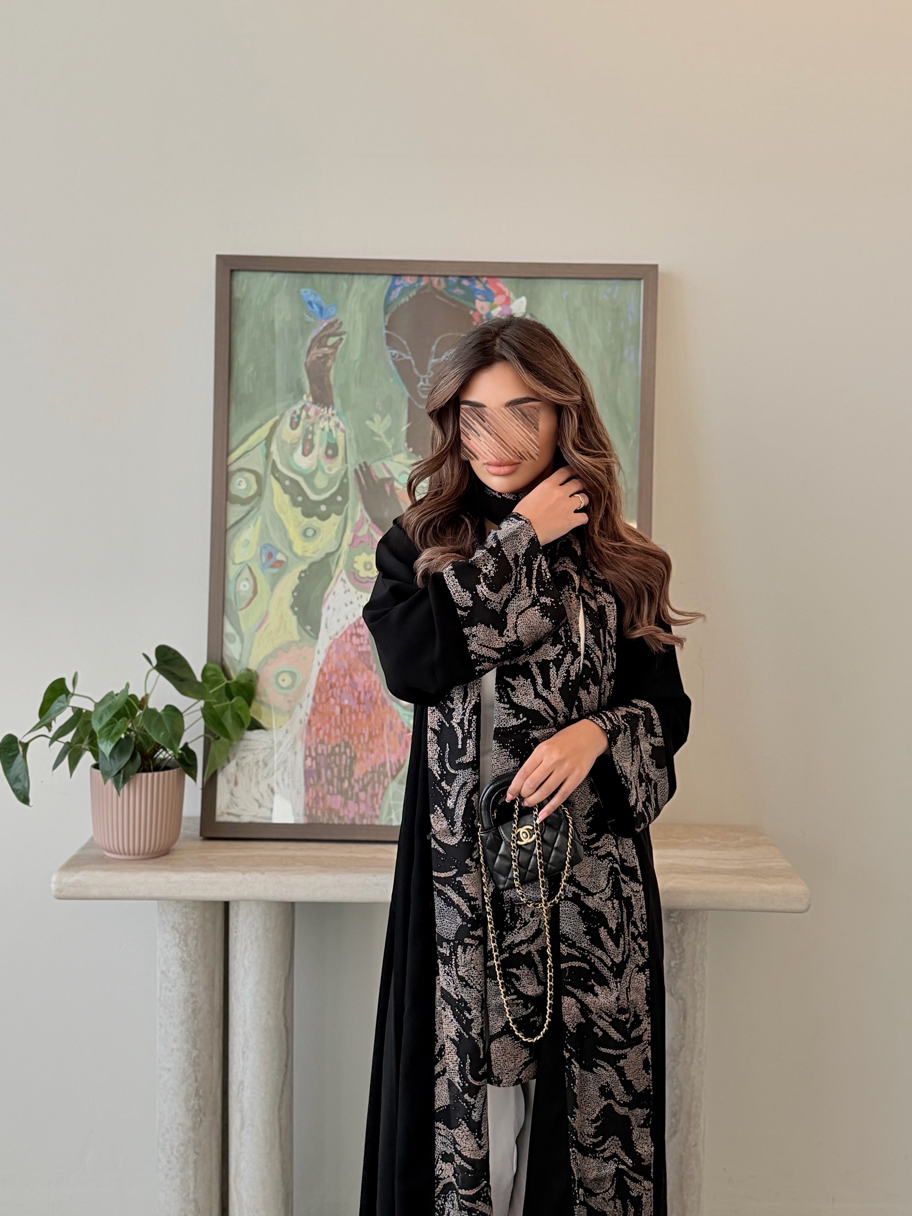 MWT5029 - قماش كريب اسود مع شيفون لمعه قصة كلوش - Aya