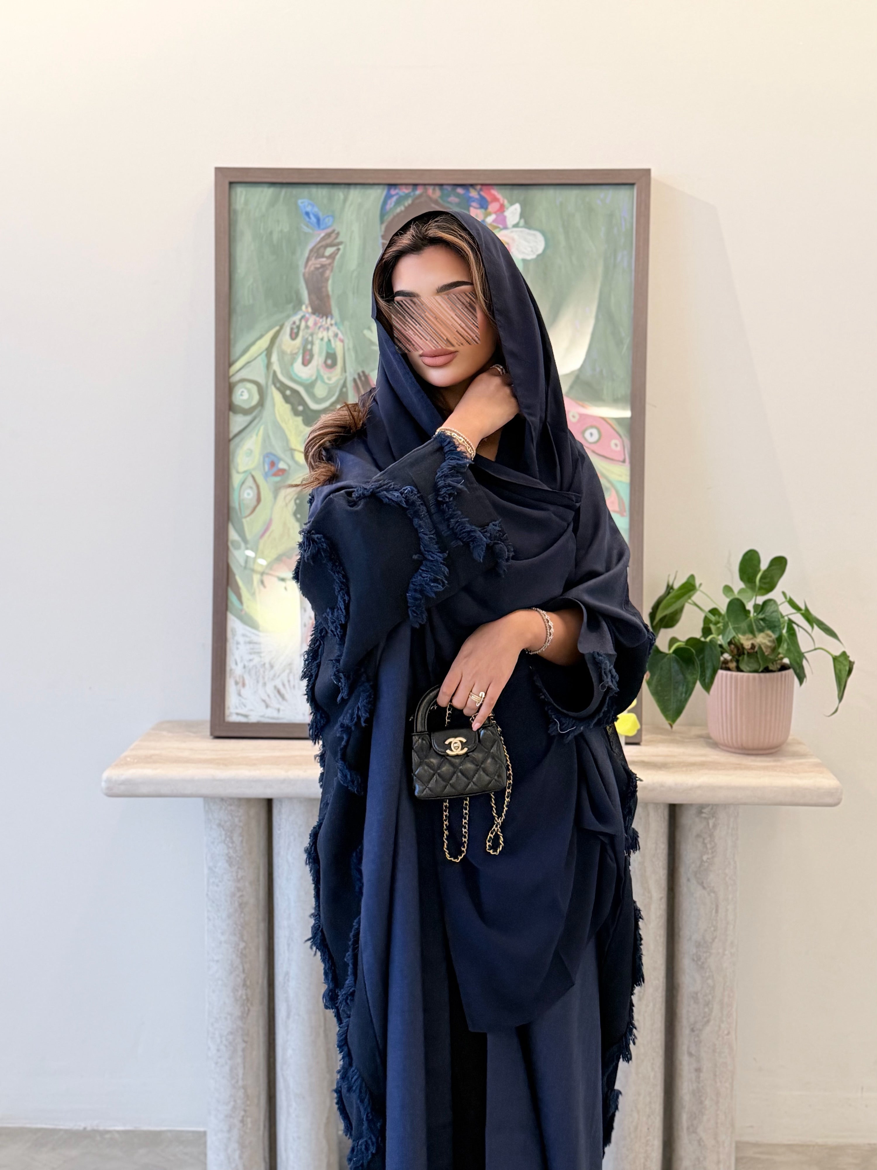 MWT5041 - قماش لينن كحلي ساده من الأمام مع كحلي هدب من الخلف قص نص كلوش - Aya