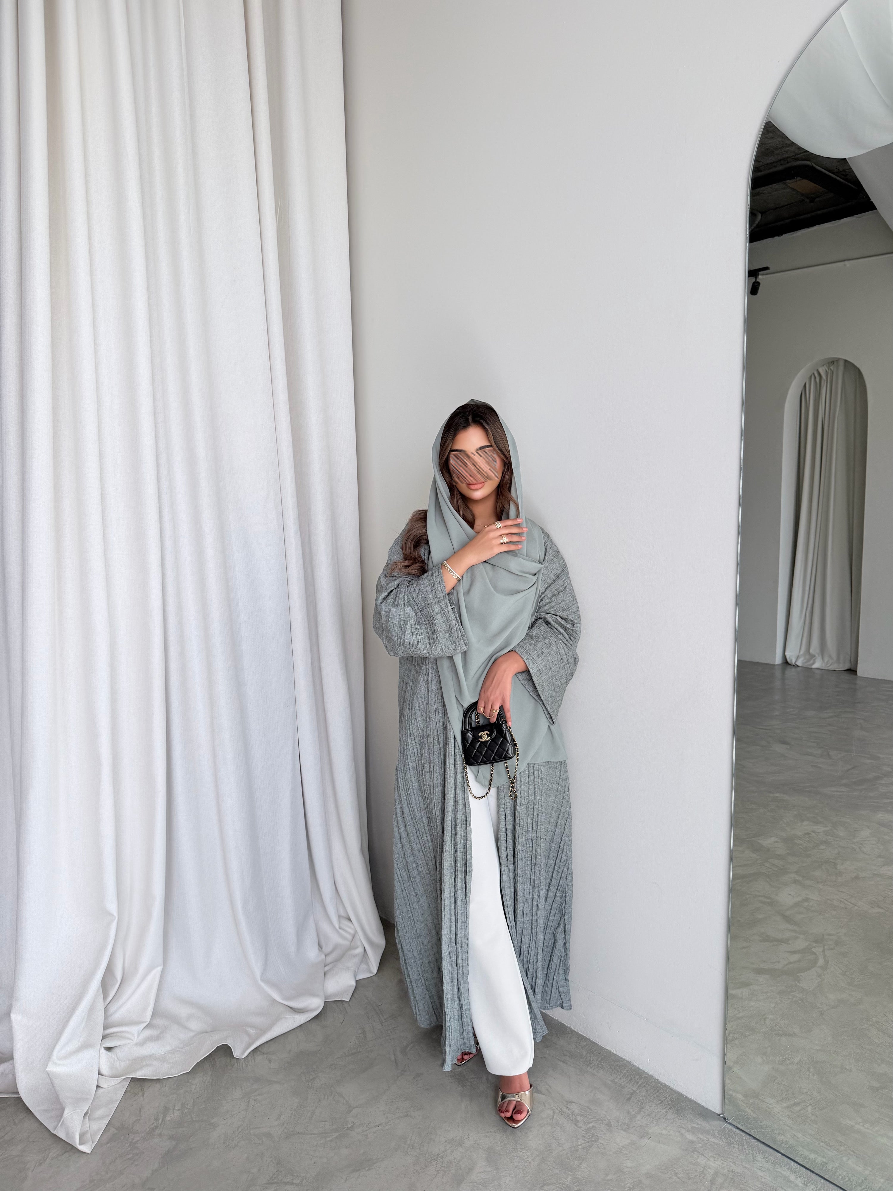 MWT5020 - قماش لينن معفس زيتي فاتح قصة ربع كلوش - Aya