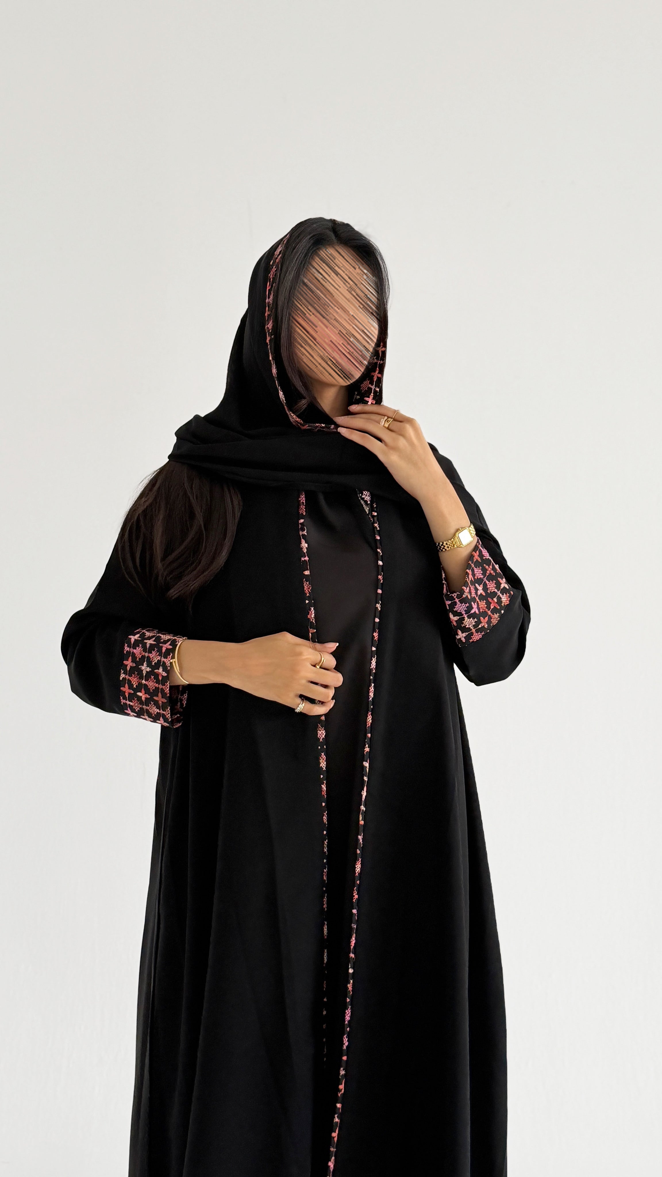 MWT5060 - عباية كريب اسود مع قماش برتقالي قيطان - Aya