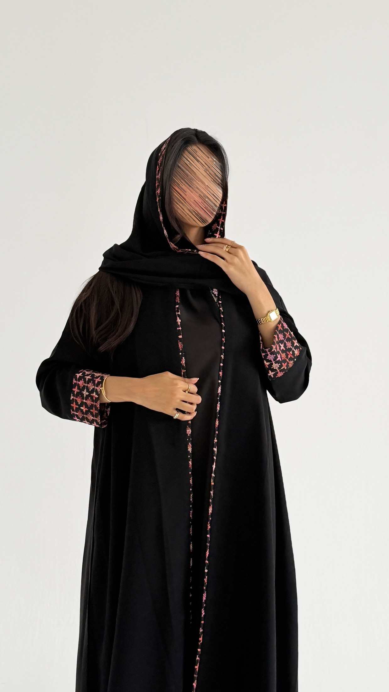 MWT5060 - عباية كريب اسود مع قماش برتقالي قيطان - Aya