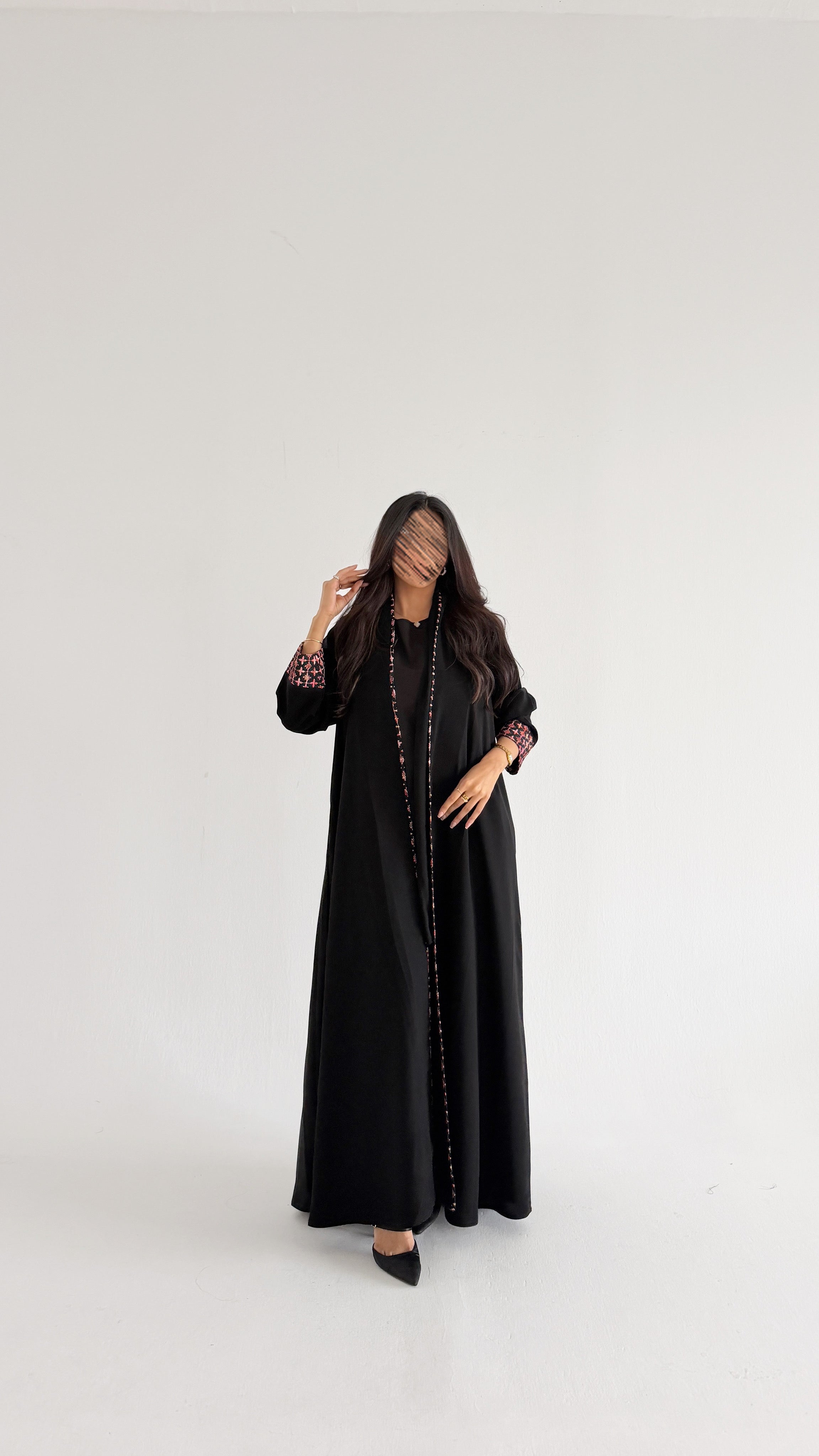 MWT5060 - عباية كريب اسود مع قماش برتقالي قيطان - Aya