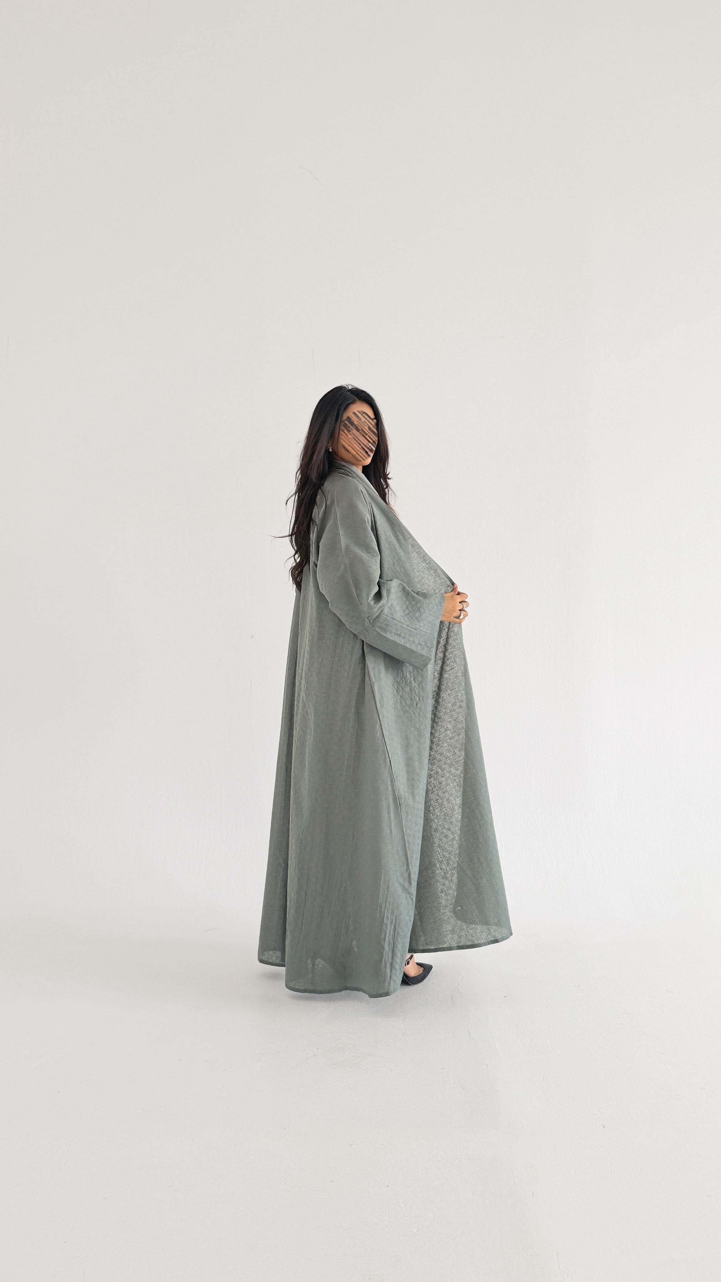 MWT5020 - قماش لينن زيتي فاتح قصة ربع كلوش - Aya