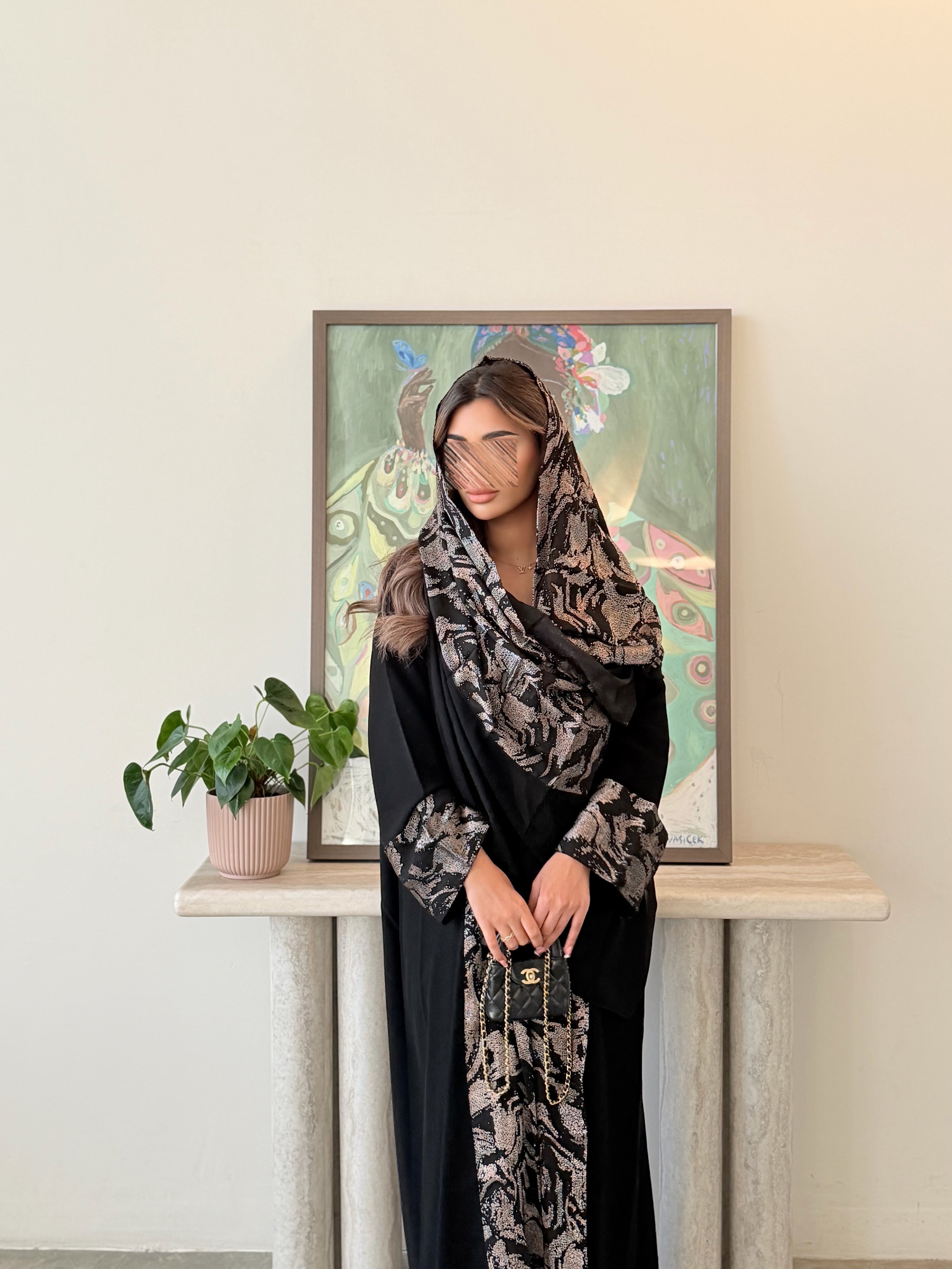 MWT5029 - قماش كريب اسود مع شيفون لمعه قصة كلوش - Aya