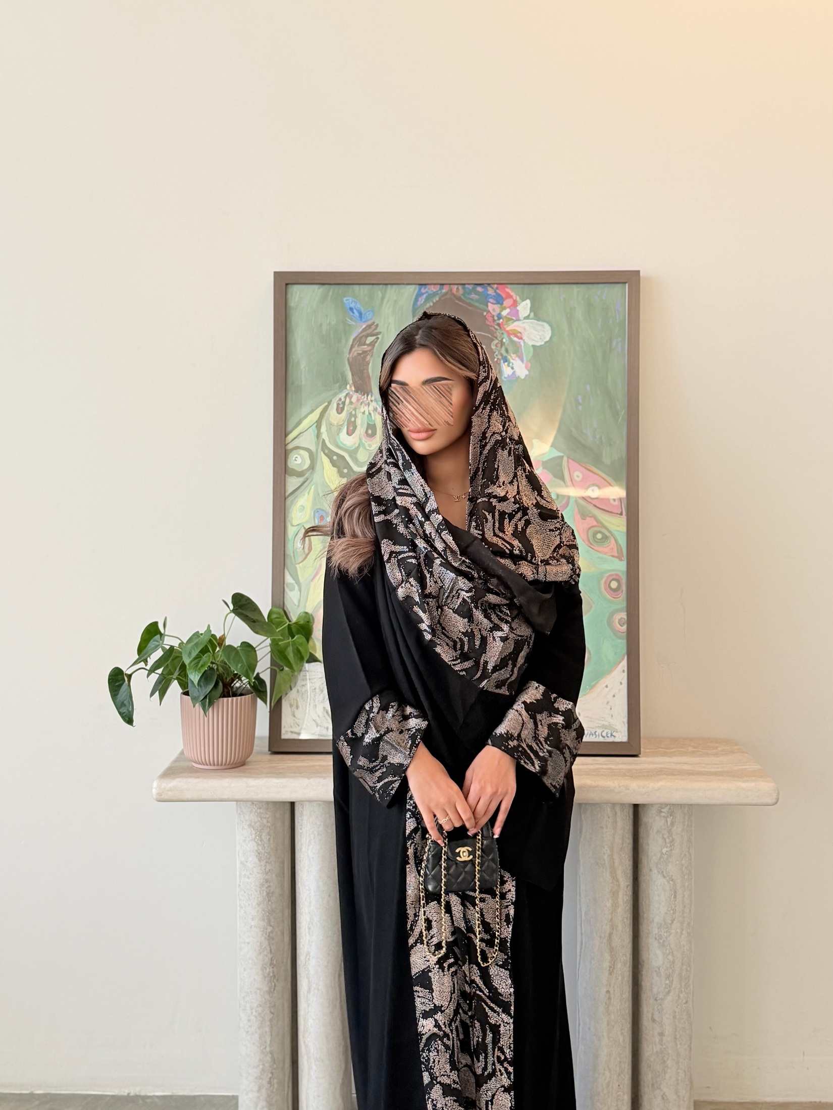MWT5029 - قماش كريب اسود مع شيفون لمعه قصة كلوش - Aya