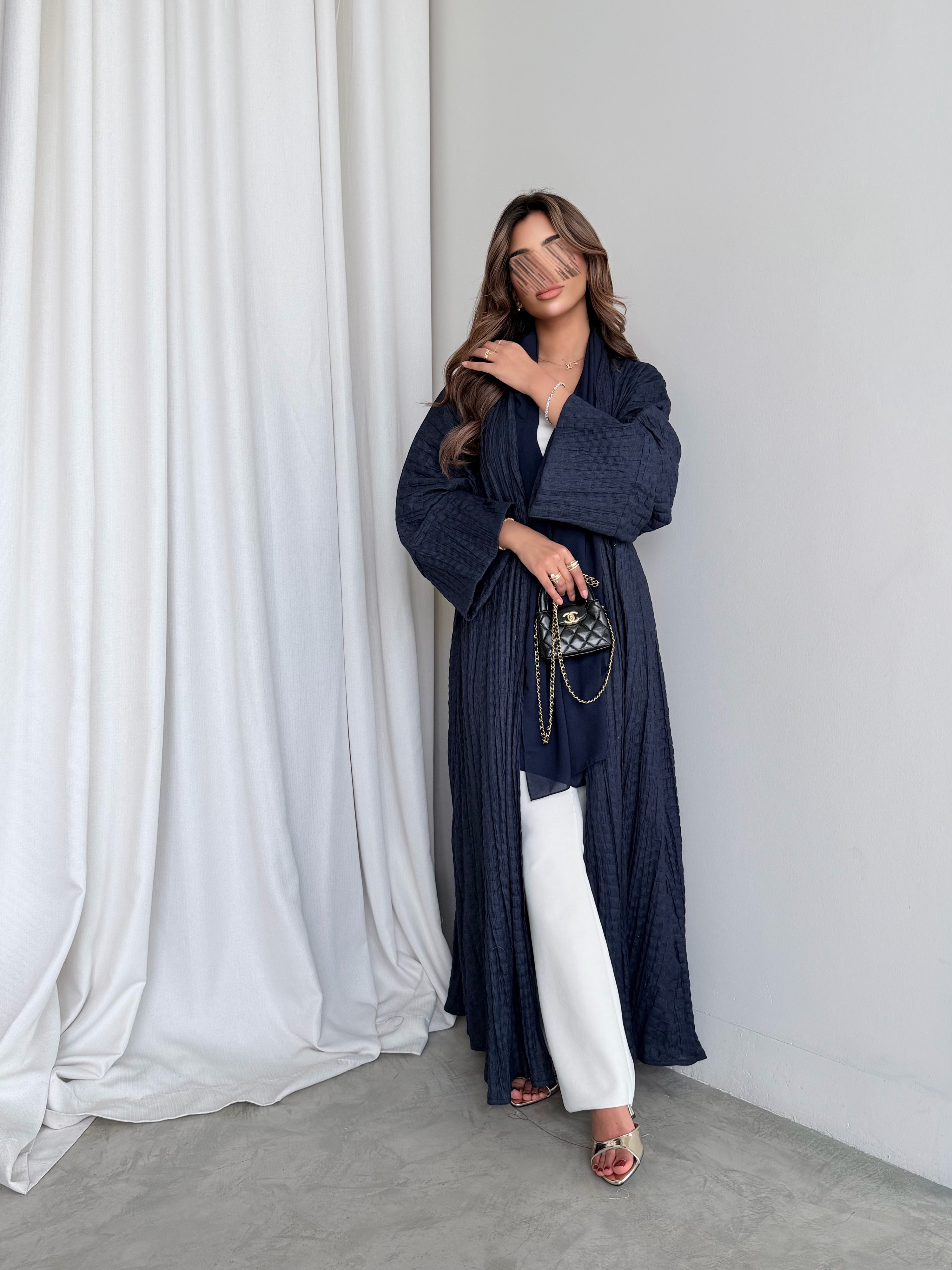 MWT5022 - قماش لينن كحلي فاتح قصة ربع كلوش - Aya