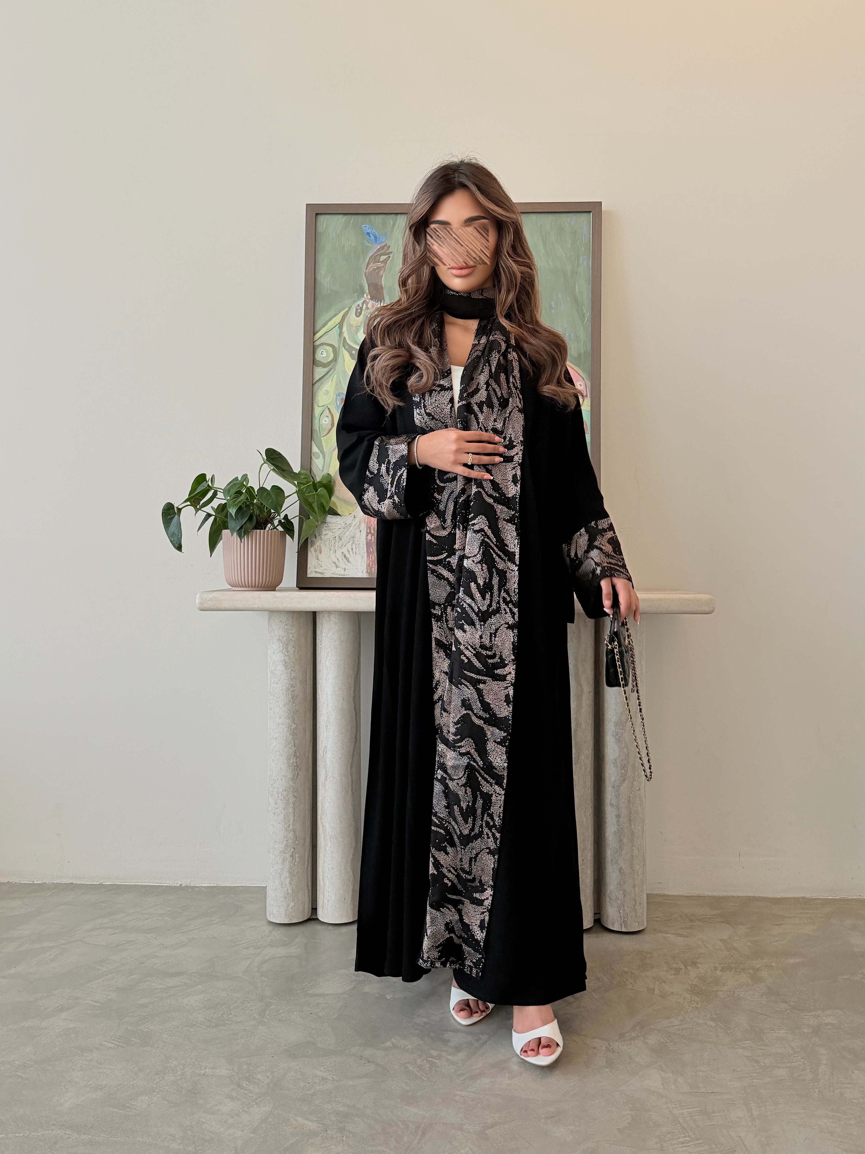 MWT5029 - قماش كريب اسود مع شيفون لمعه قصة كلوش - Aya