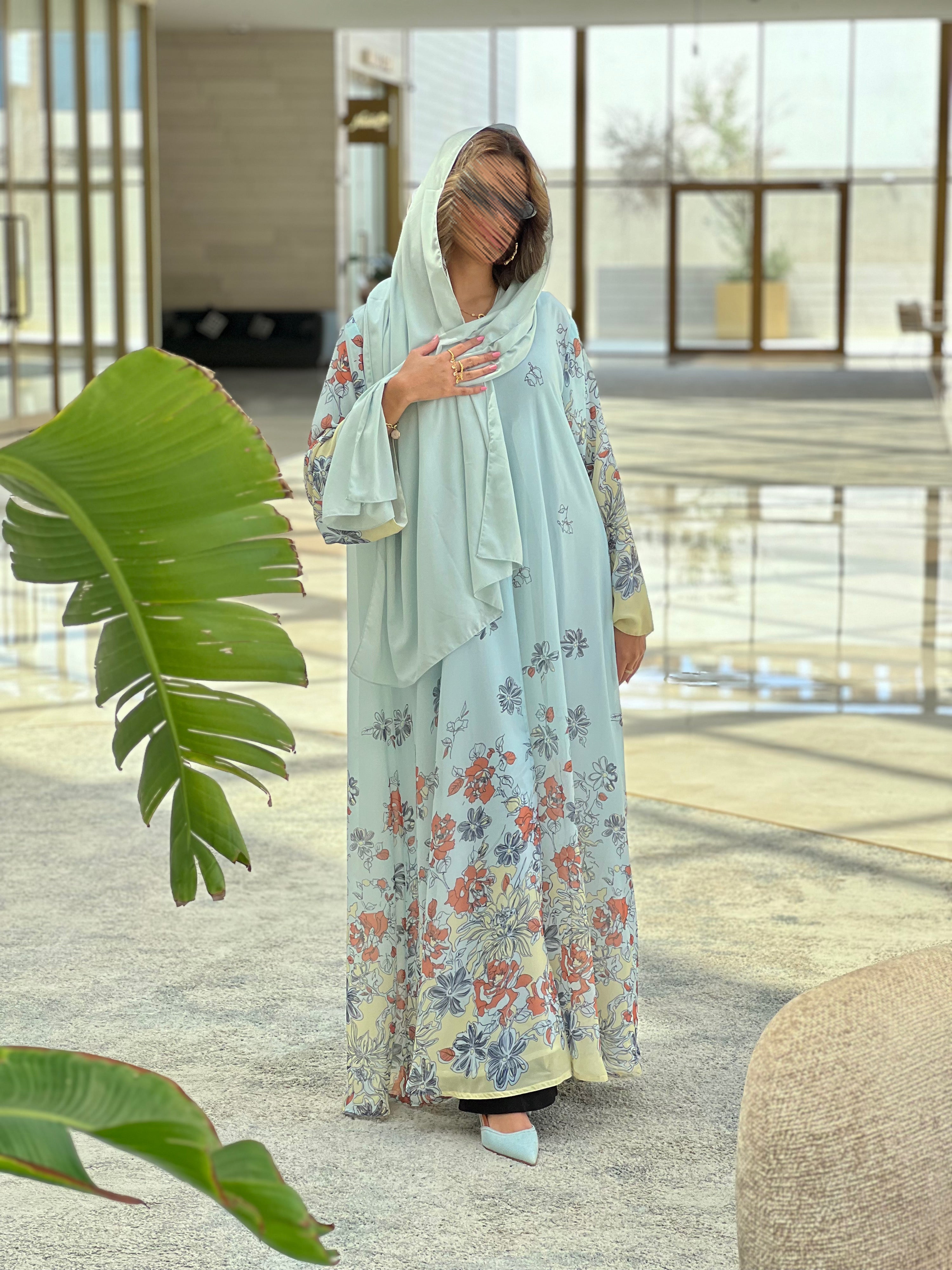 MWT328 - عباية طباعة شيفون ملون اصفر - Aya