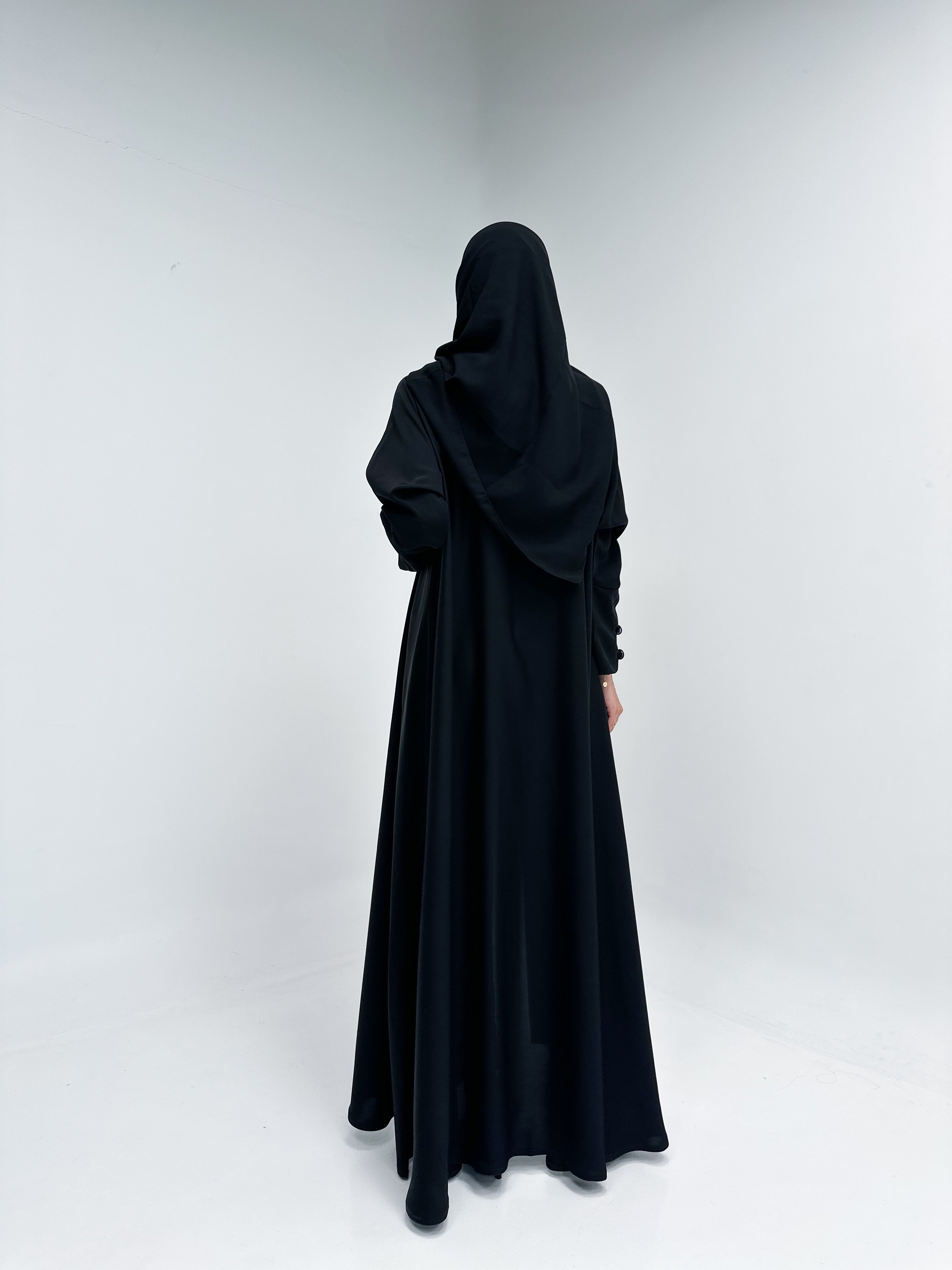 MW1446 -عباية تربل كلوش مزينة بالدانتيل الذهبي - Aya