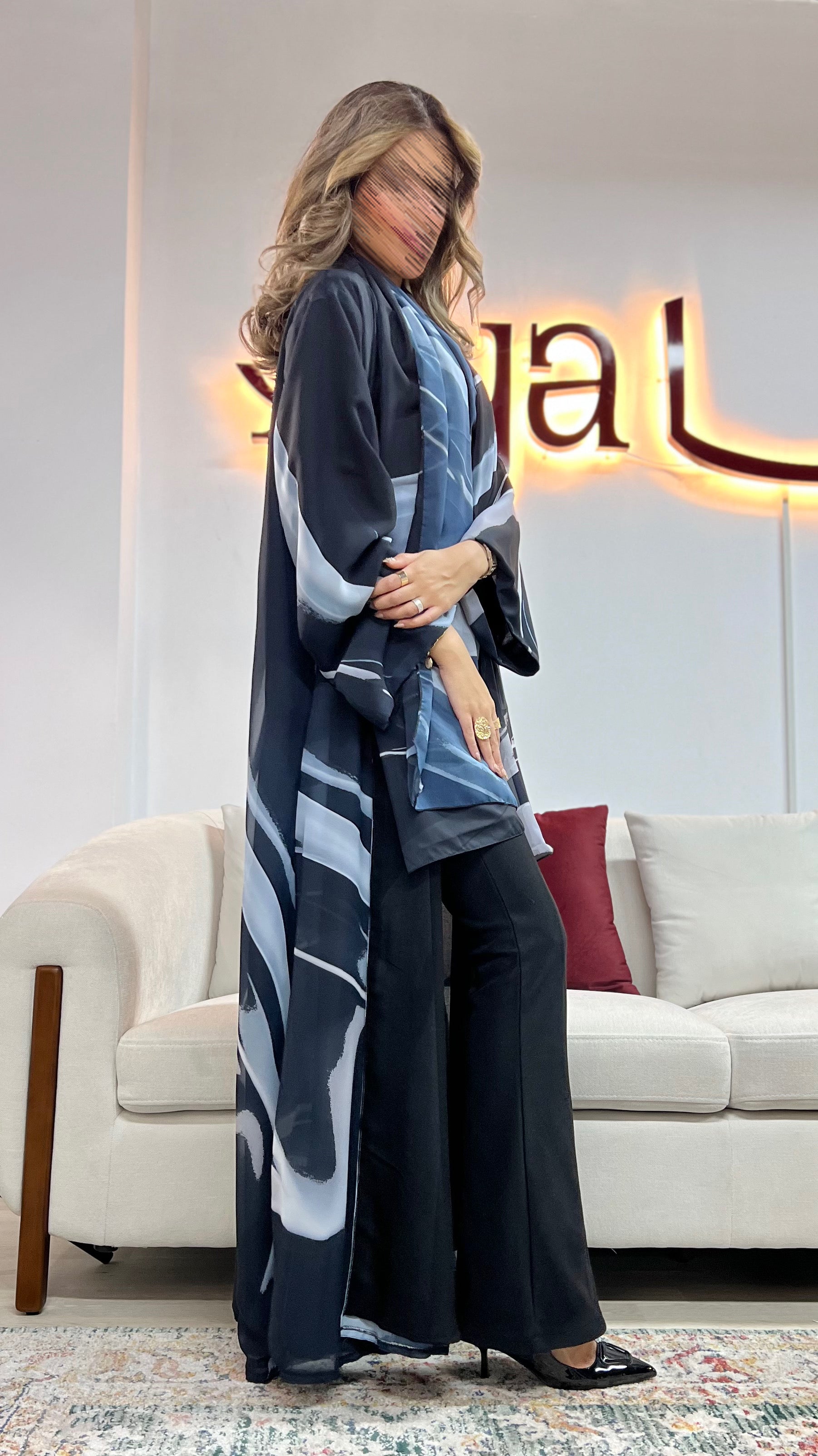 MWT441 - عباية طباعة ازرق وسماوي - Aya