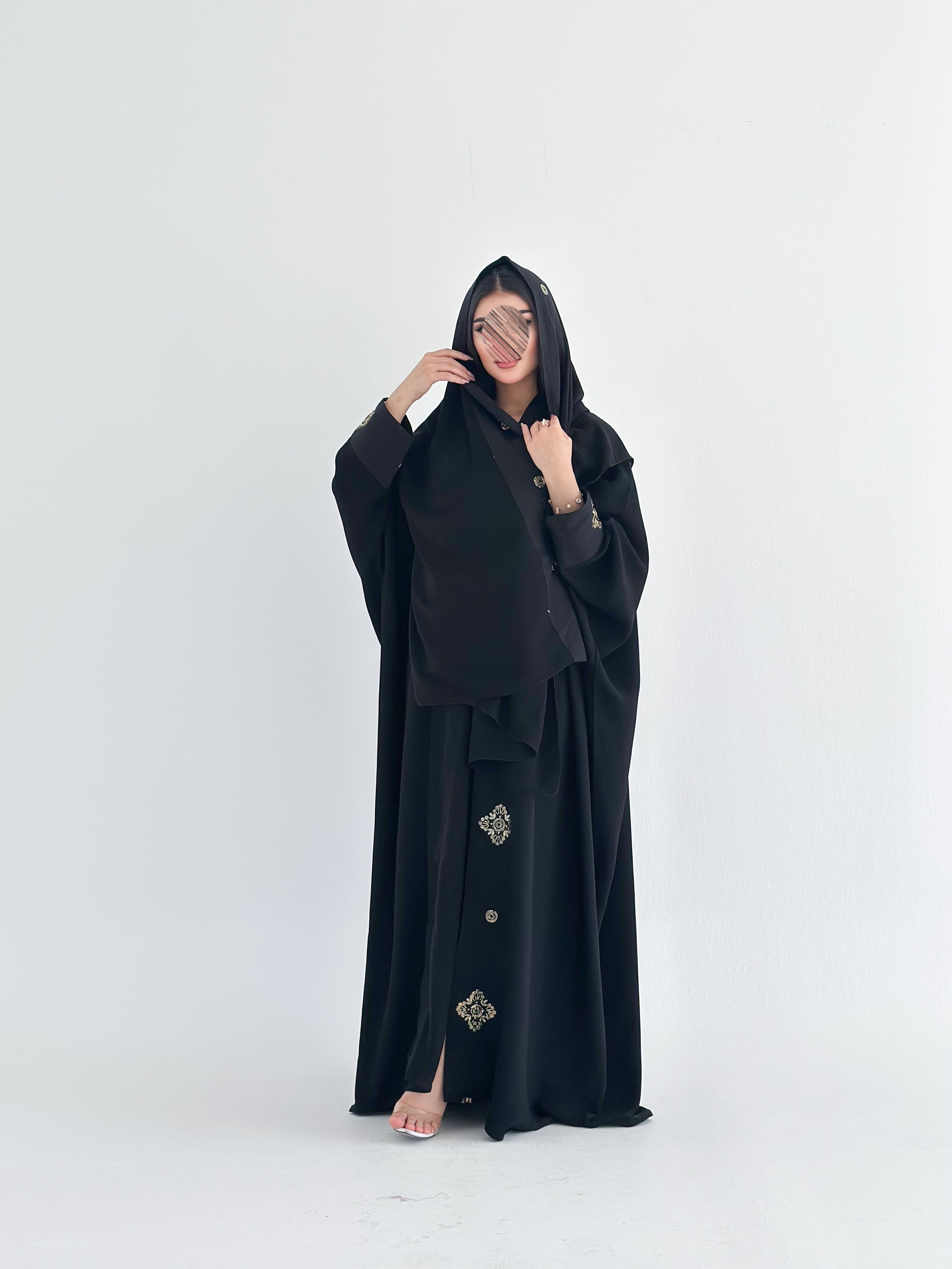 MWT2006 -عبايه نص بشت بتطريز لنن - Aya