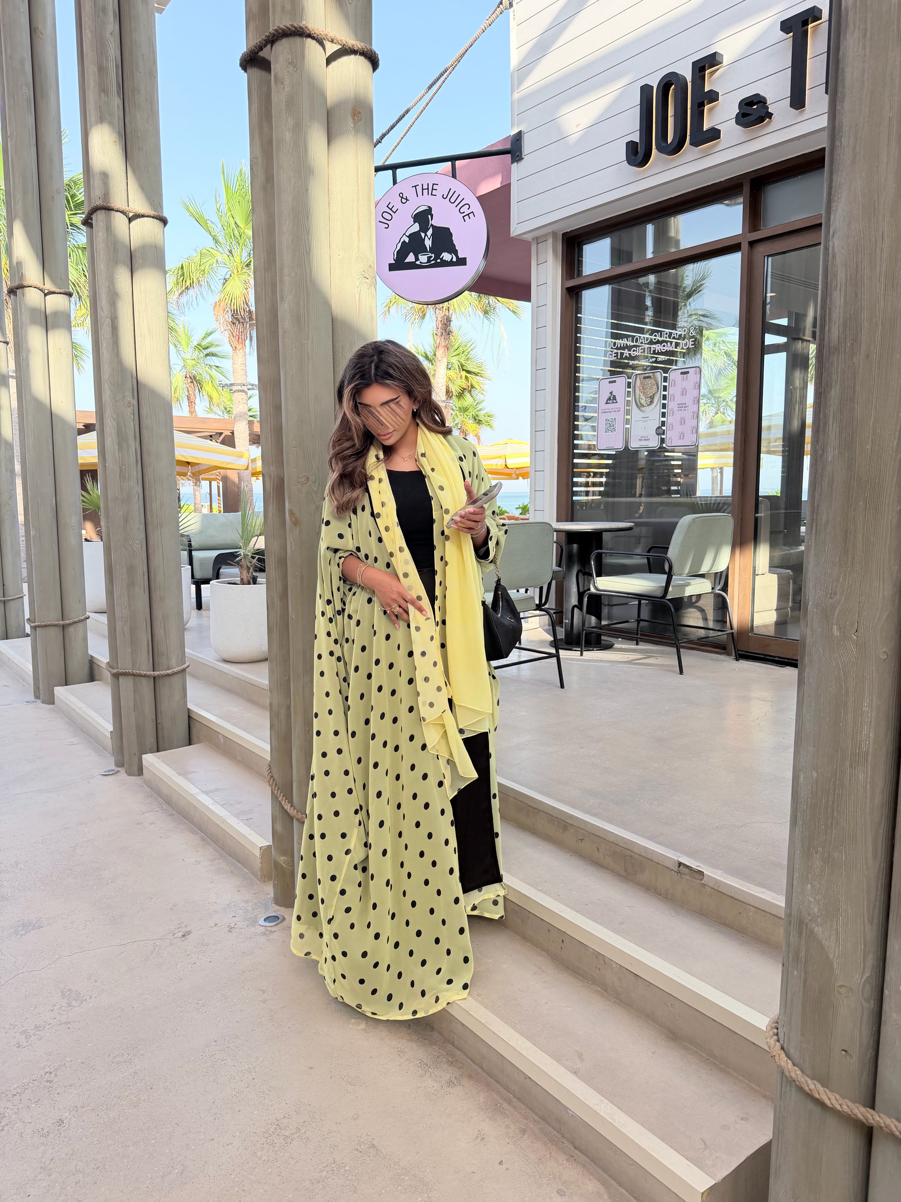 MWT5136 - عبايه ليموني شيفون طباعه منقط قصة - Aya