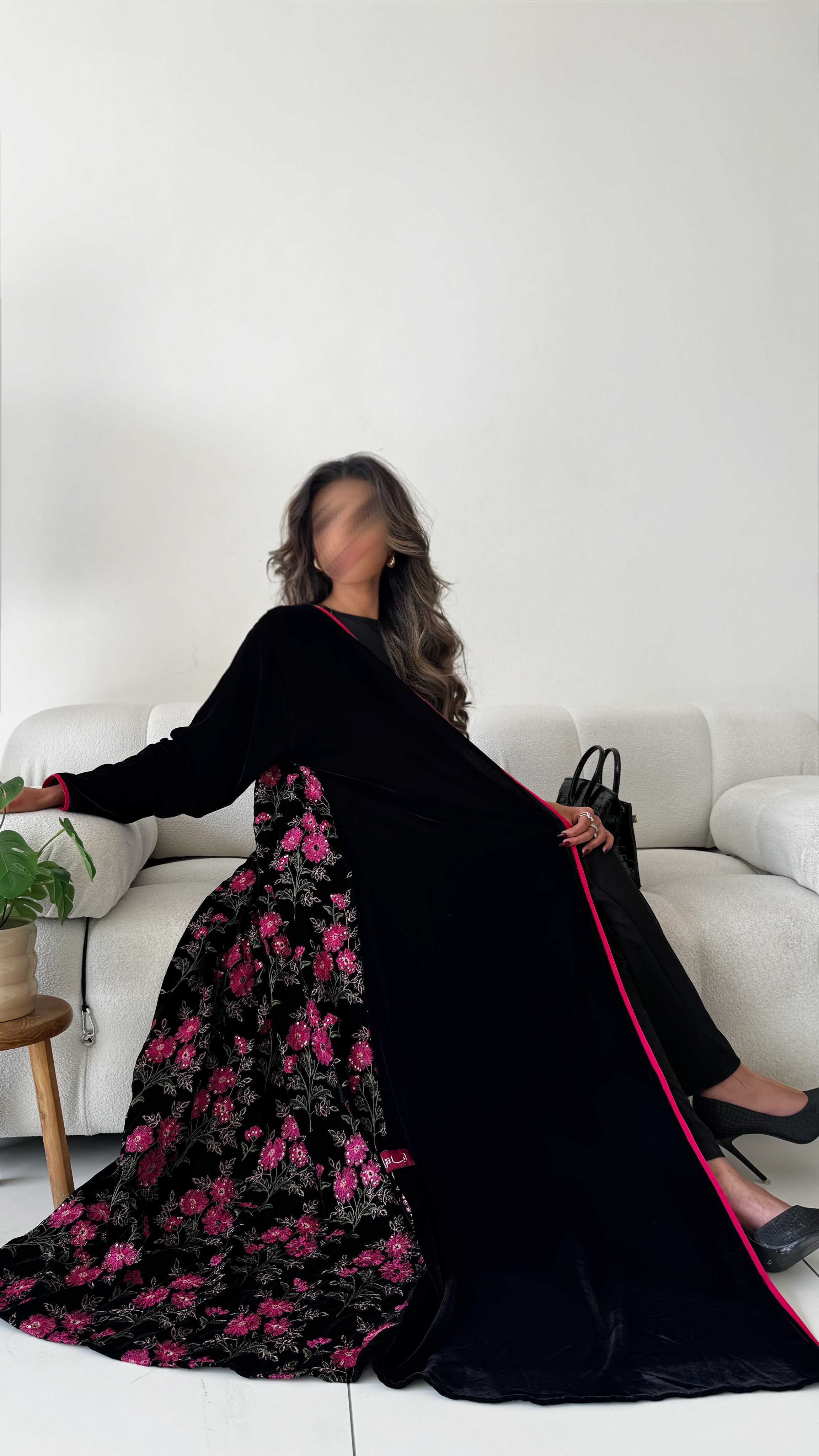 MWT732 - Black velvet abaya with pink rose embroidery | عباية مخمل اسود مع تطريز زهري - Aya