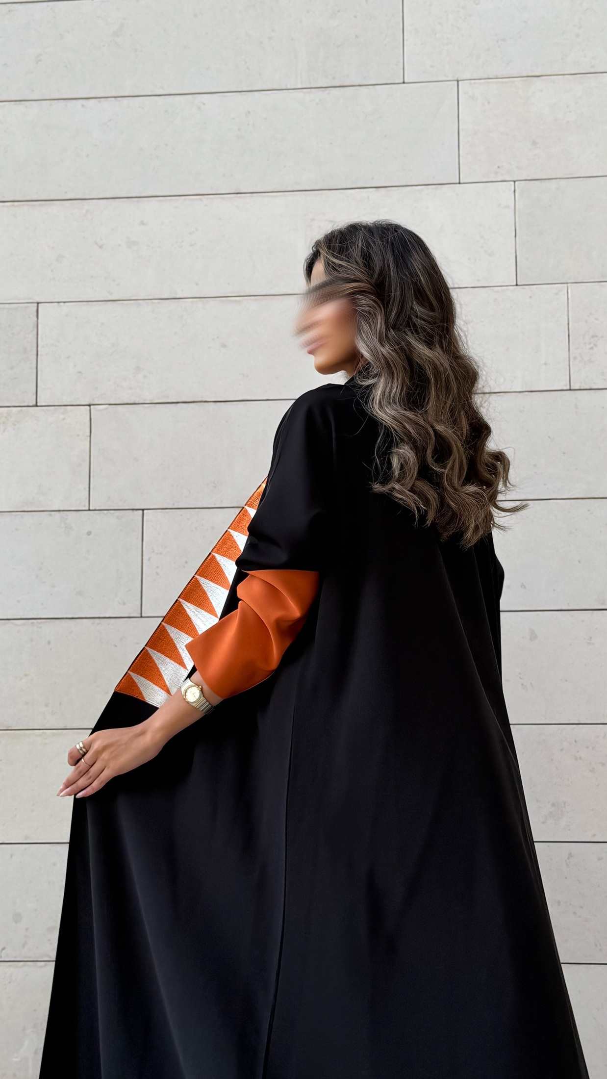 MW1591 -عباية سوداء بتطريز برتقالي | Black Abaya with Orange Embroidery - Aya