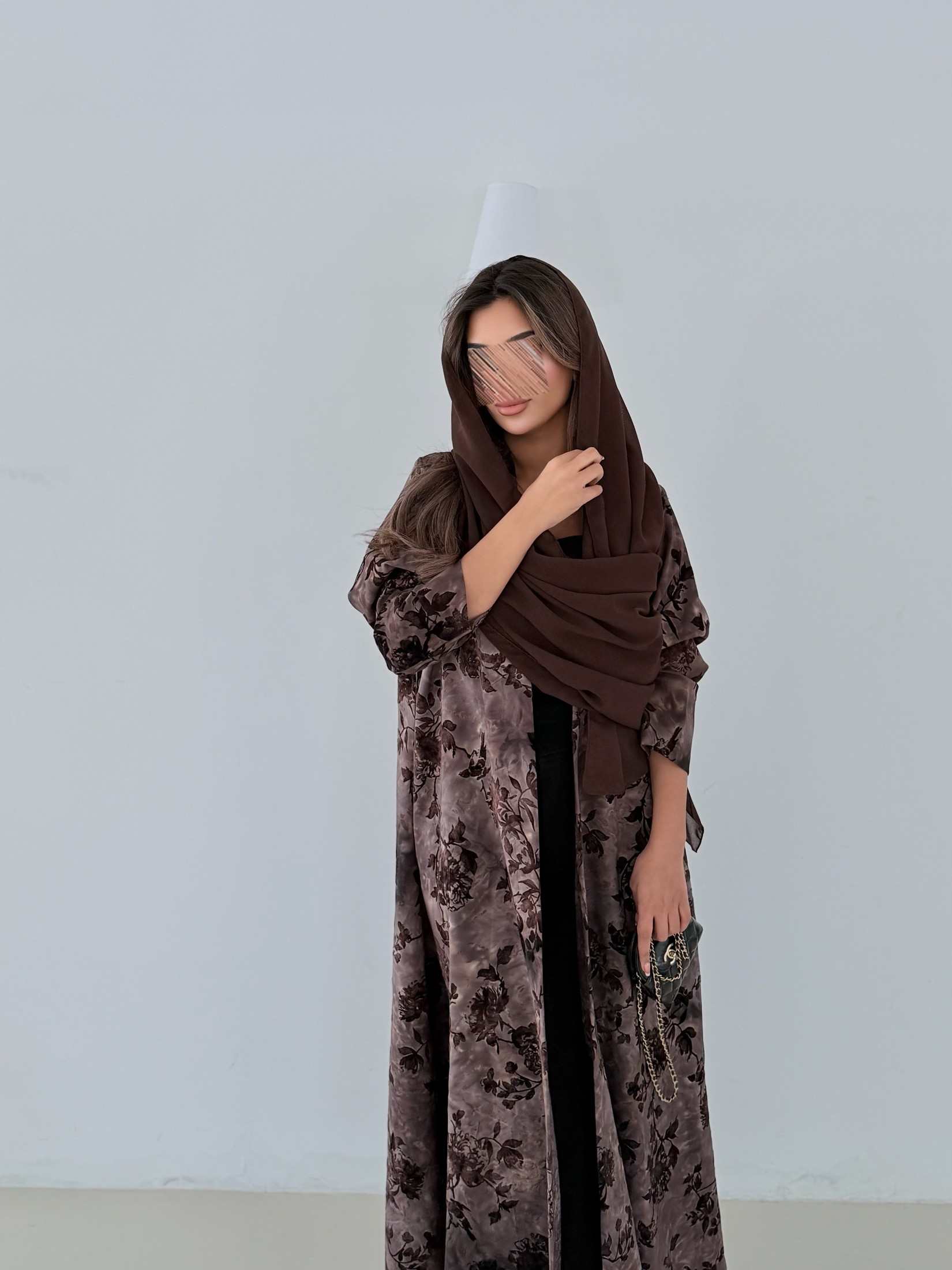 MWT5006 - عبايه بني طباعة كريب قصة نص كلوش - Aya