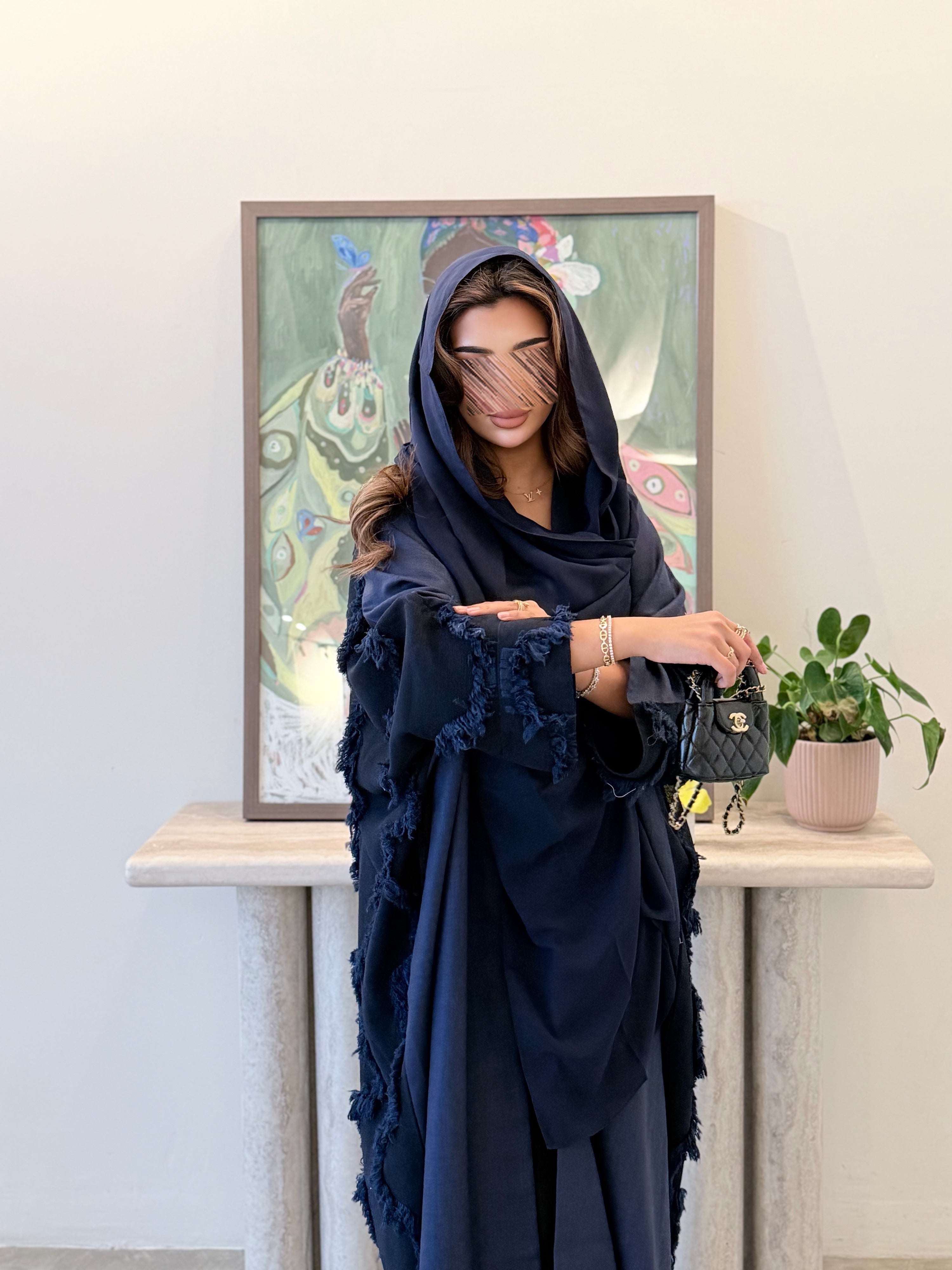 MWT5041 - قماش لينن كحلي ساده من الأمام مع كحلي هدب من الخلف قص نص كلوش - Aya