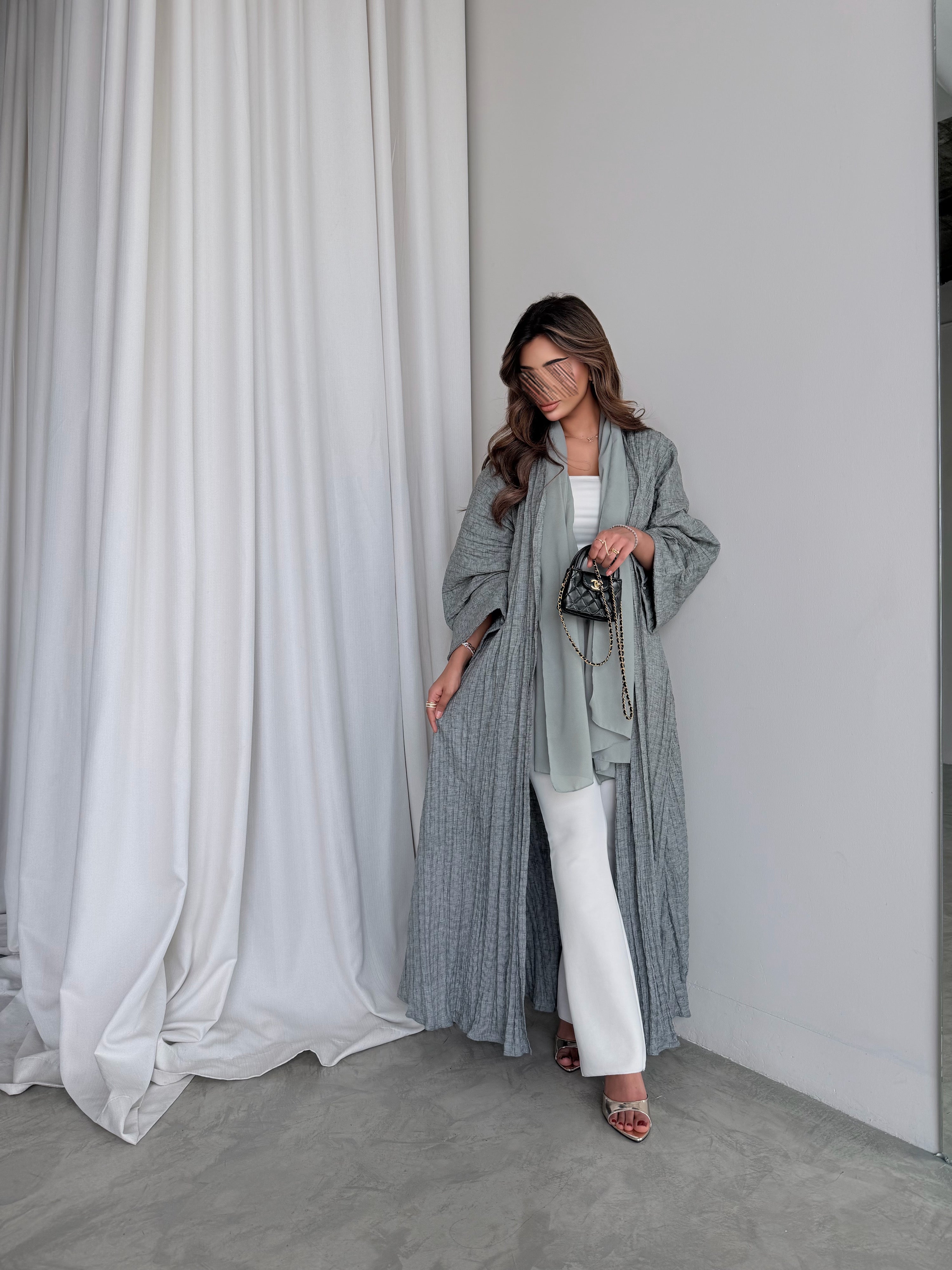 MWT5020 - قماش لينن معفس زيتي فاتح قصة ربع كلوش - Aya