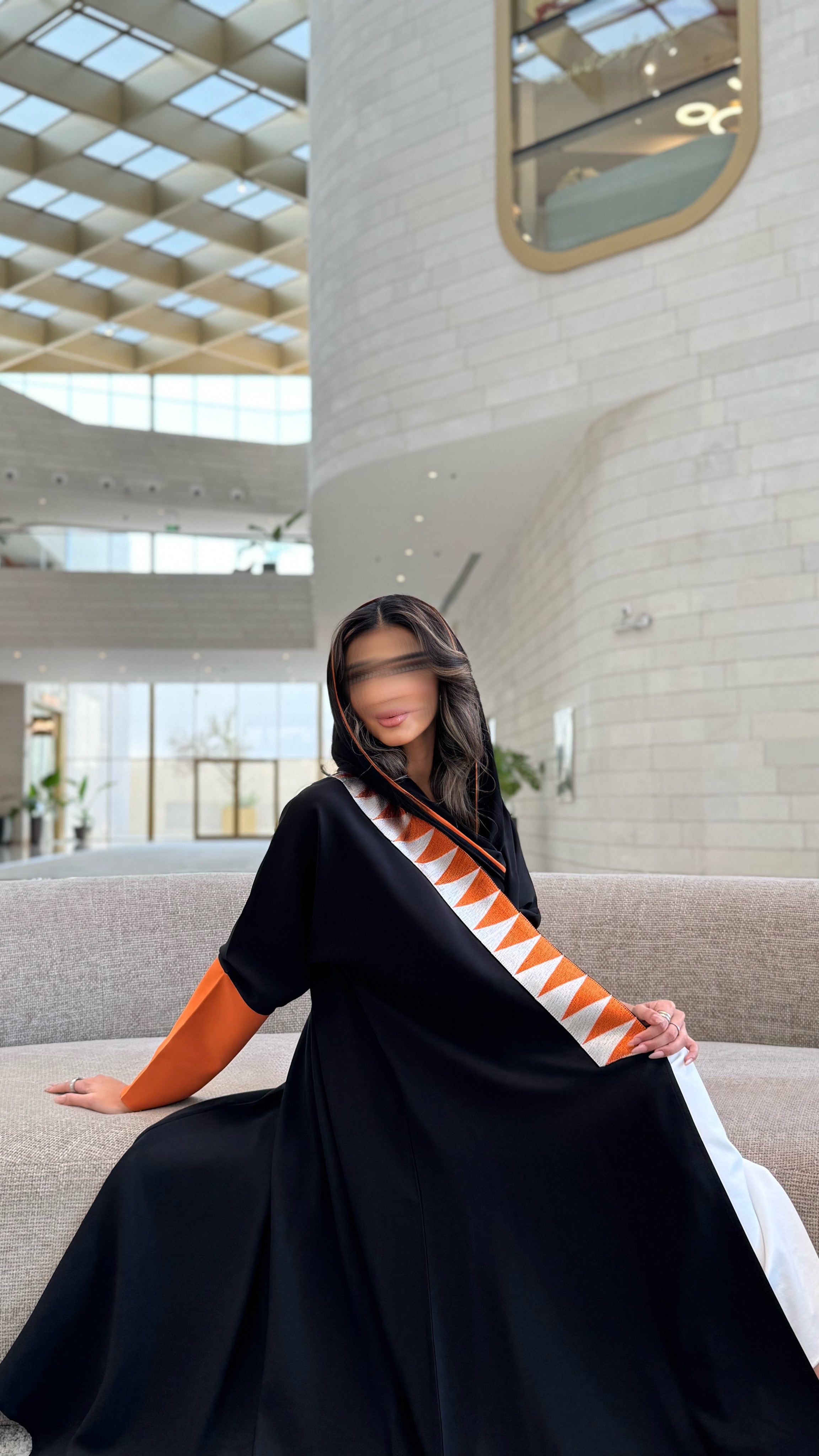 MW1591 -عباية سوداء بتطريز برتقالي | Black Abaya with Orange Embroidery