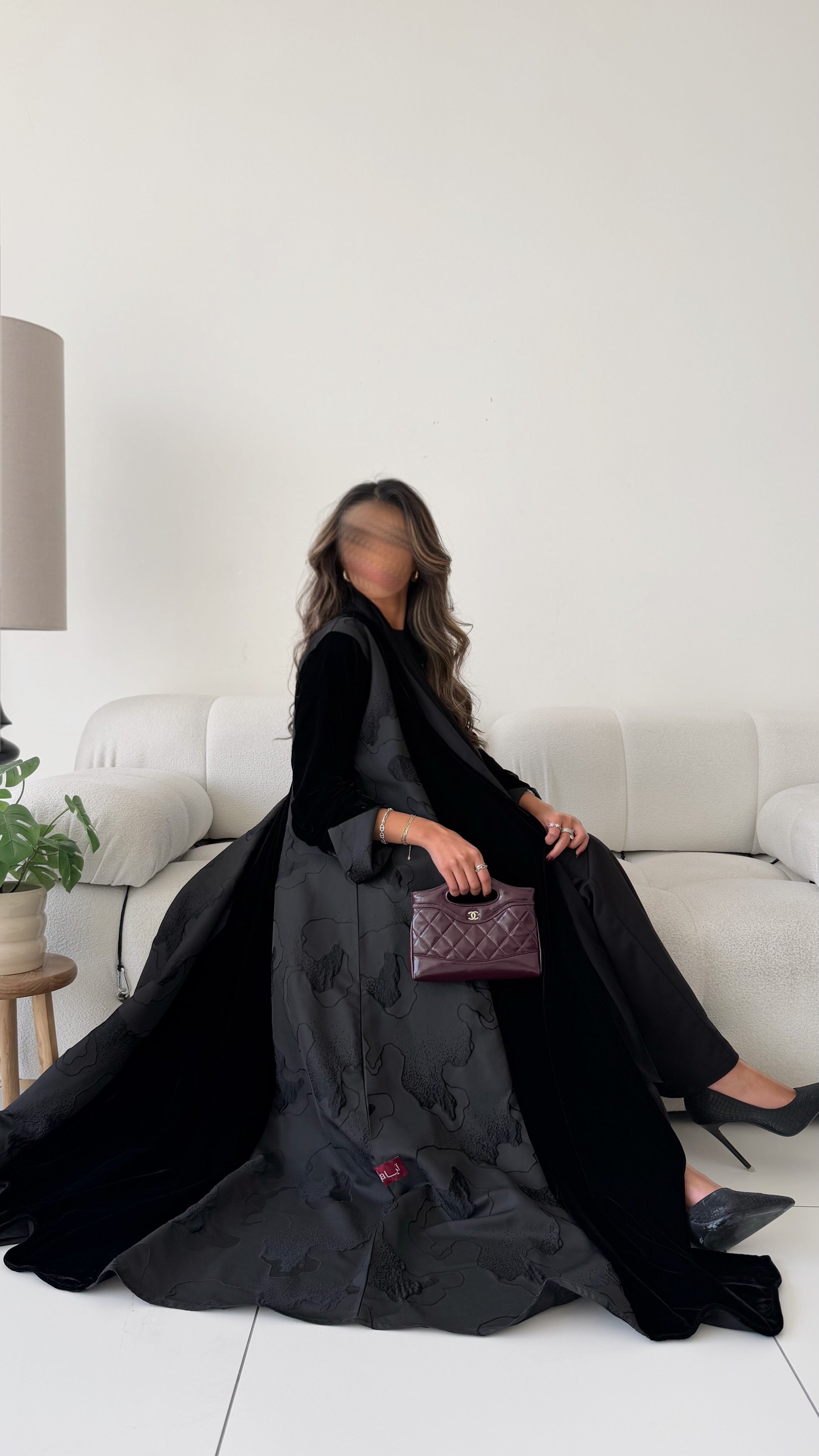 MWT587 - Velvet abaya with black jacquard | عباية مخمل مع جاكار أسود - Aya