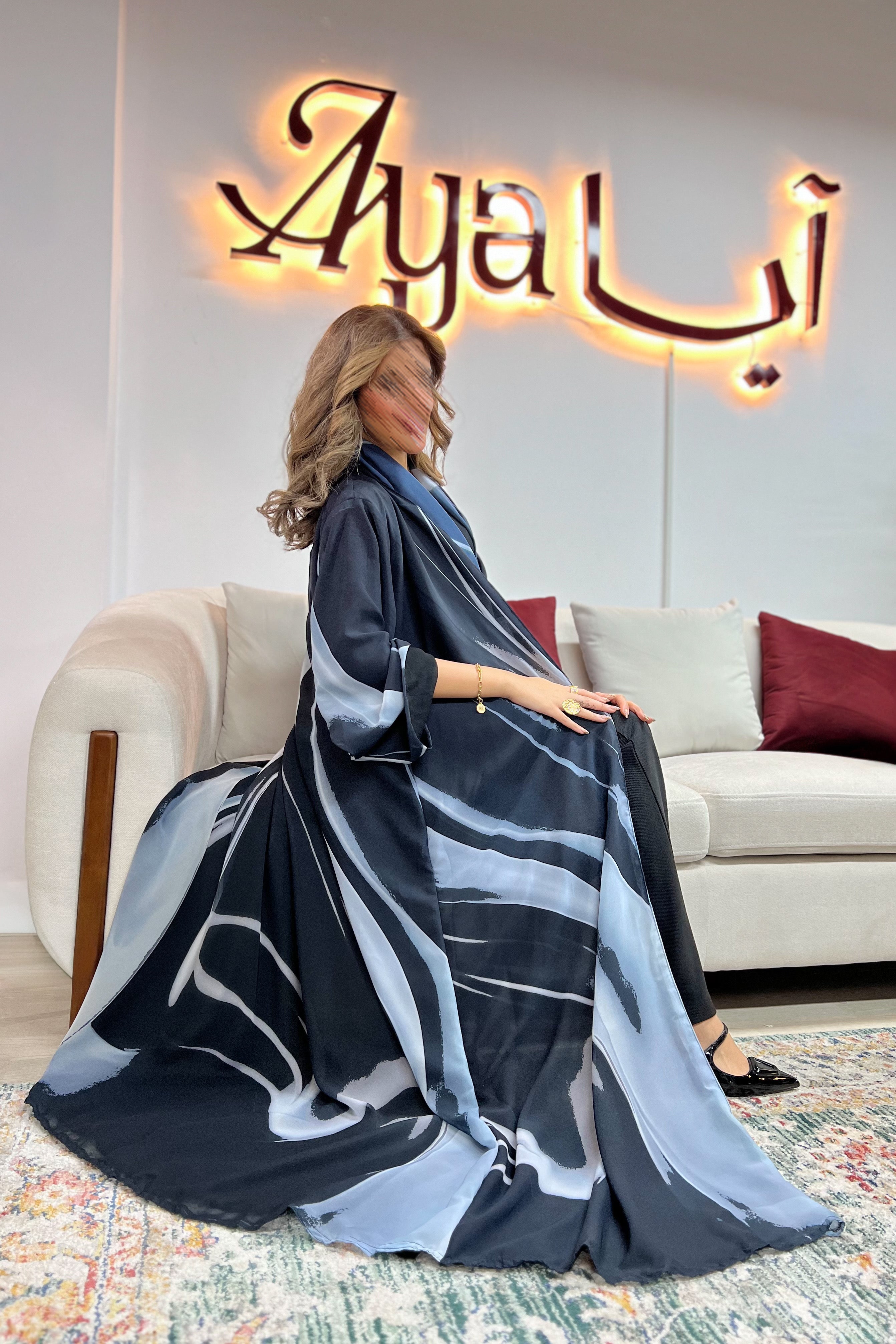 MWT441 - عباية طباعة ازرق وسماوي - Aya