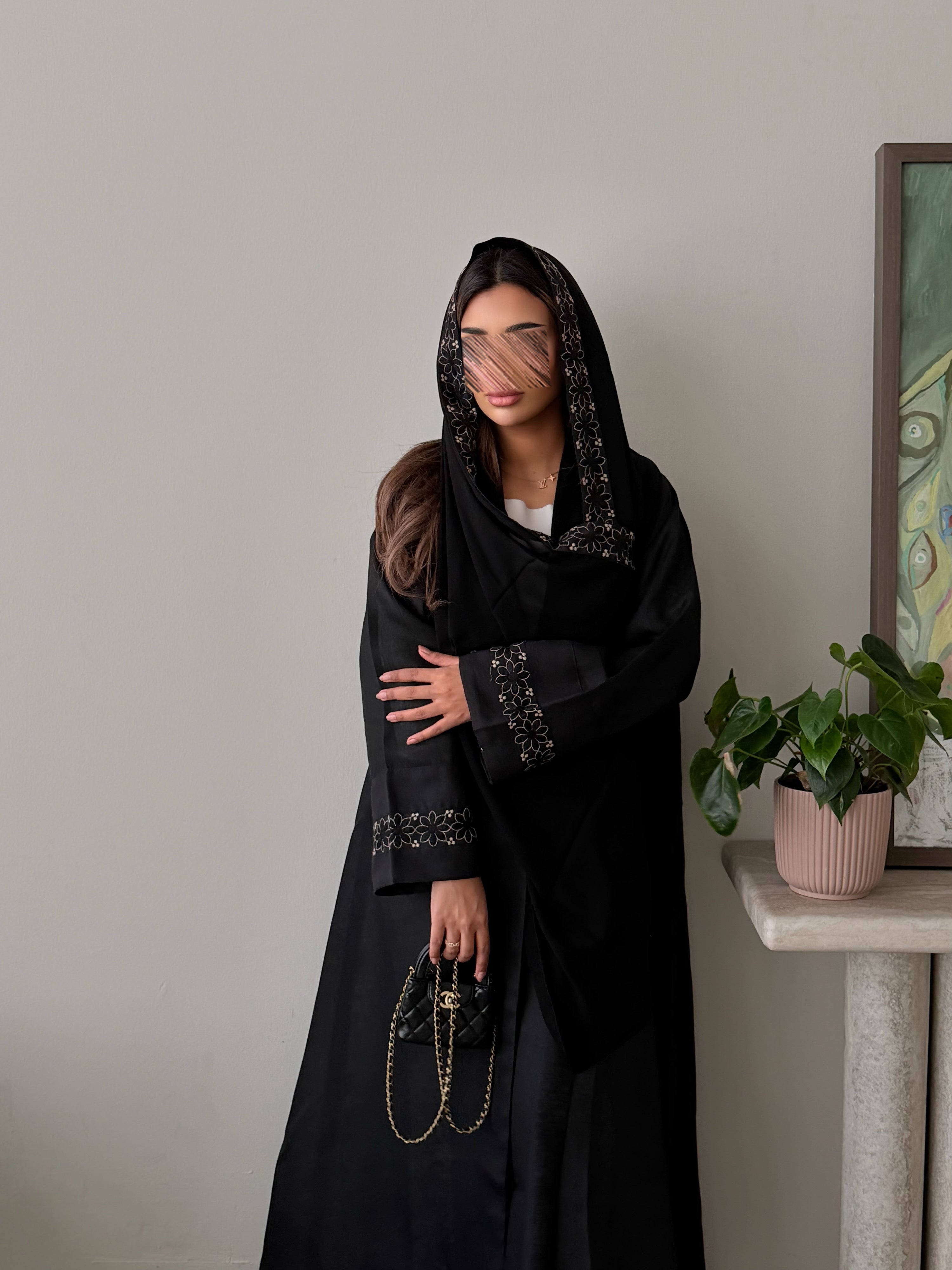 MWT5046 - قماش كريب اسود مع قماش لينن اسود مطرز قصة كلوش - Aya