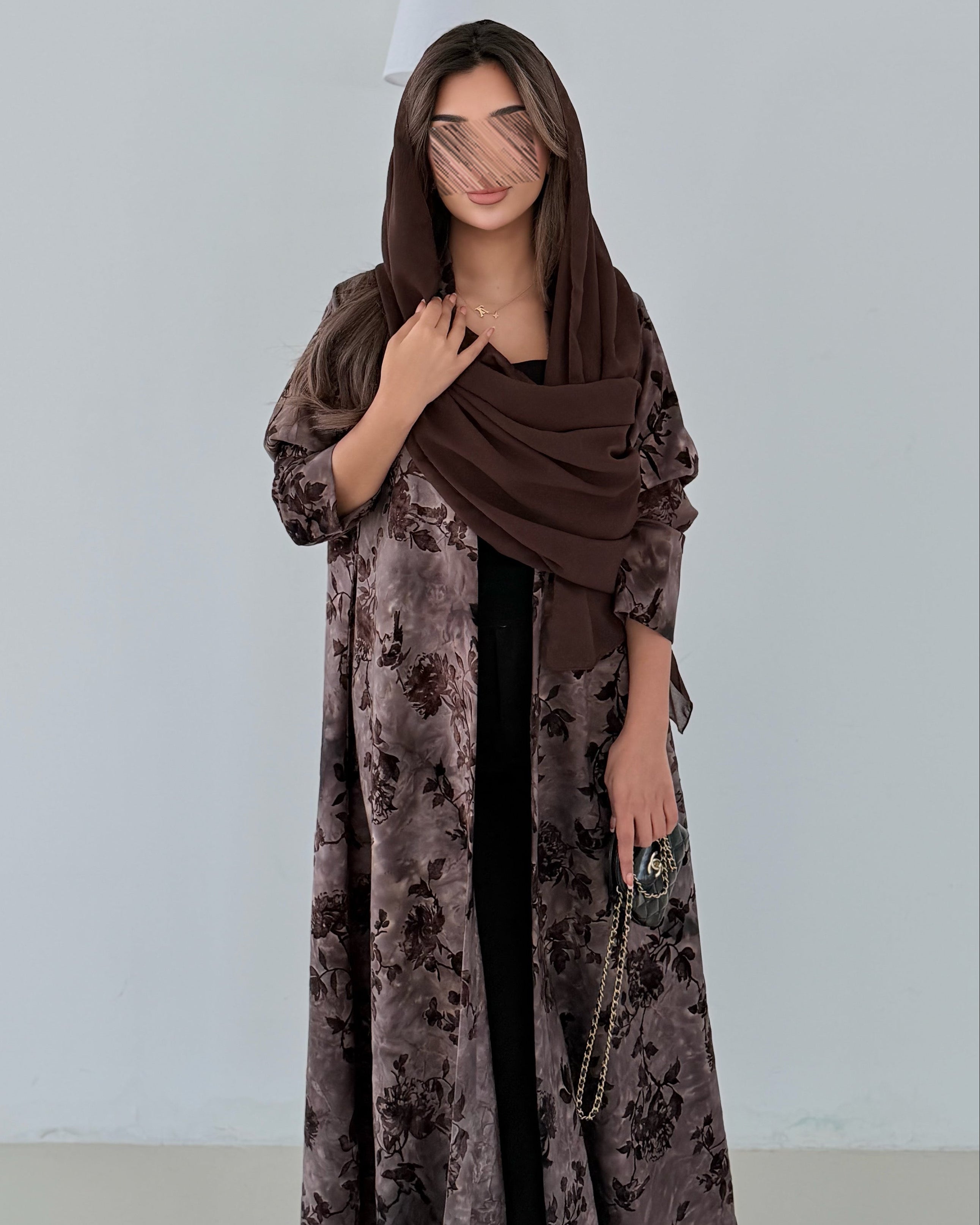 MWT5006 - عبايه بني طباعة كريب قصة نص كلوش - Aya