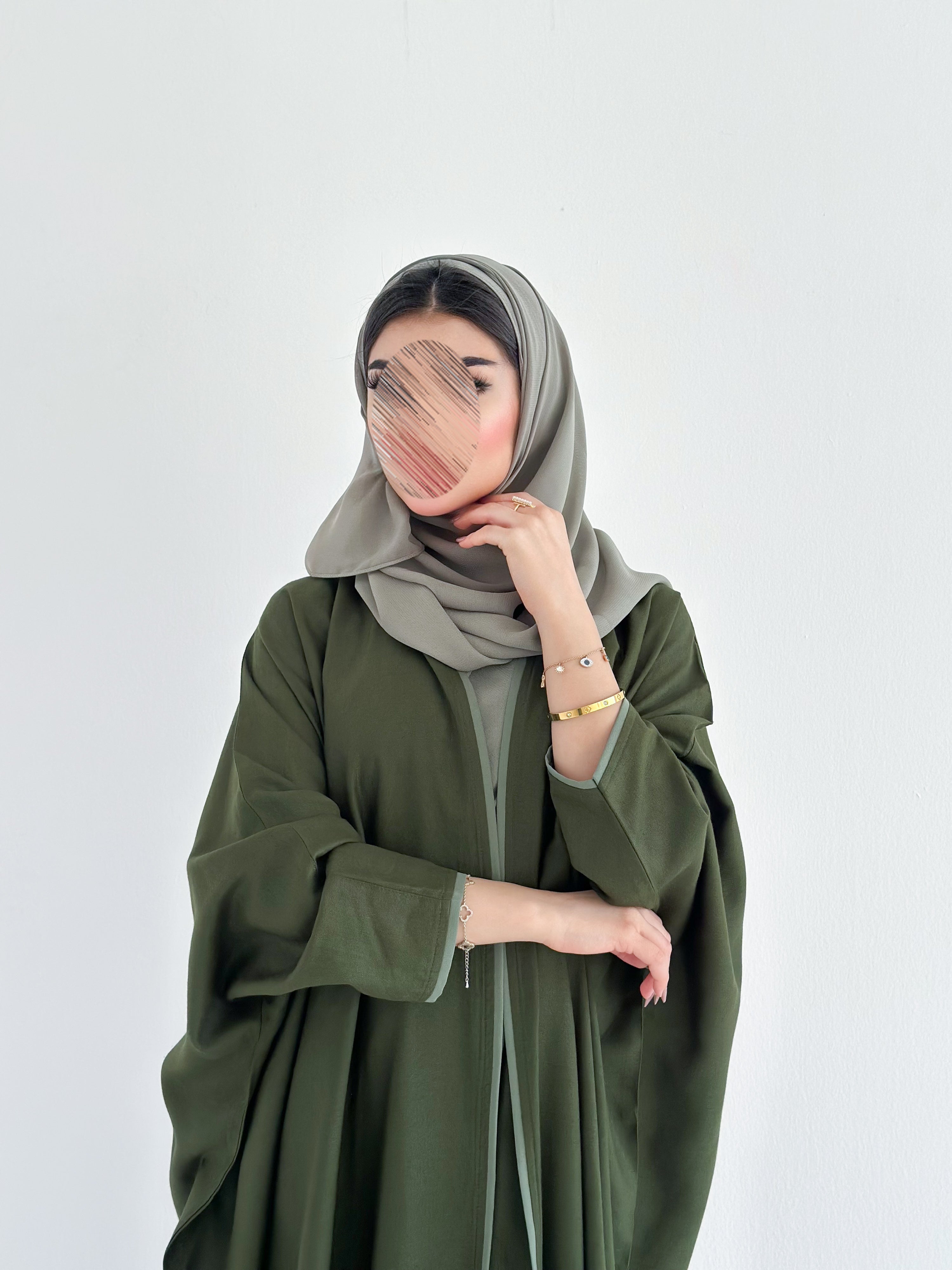 MWT2002 - عبايه لنن اخضر فاتح نص بشت - Aya