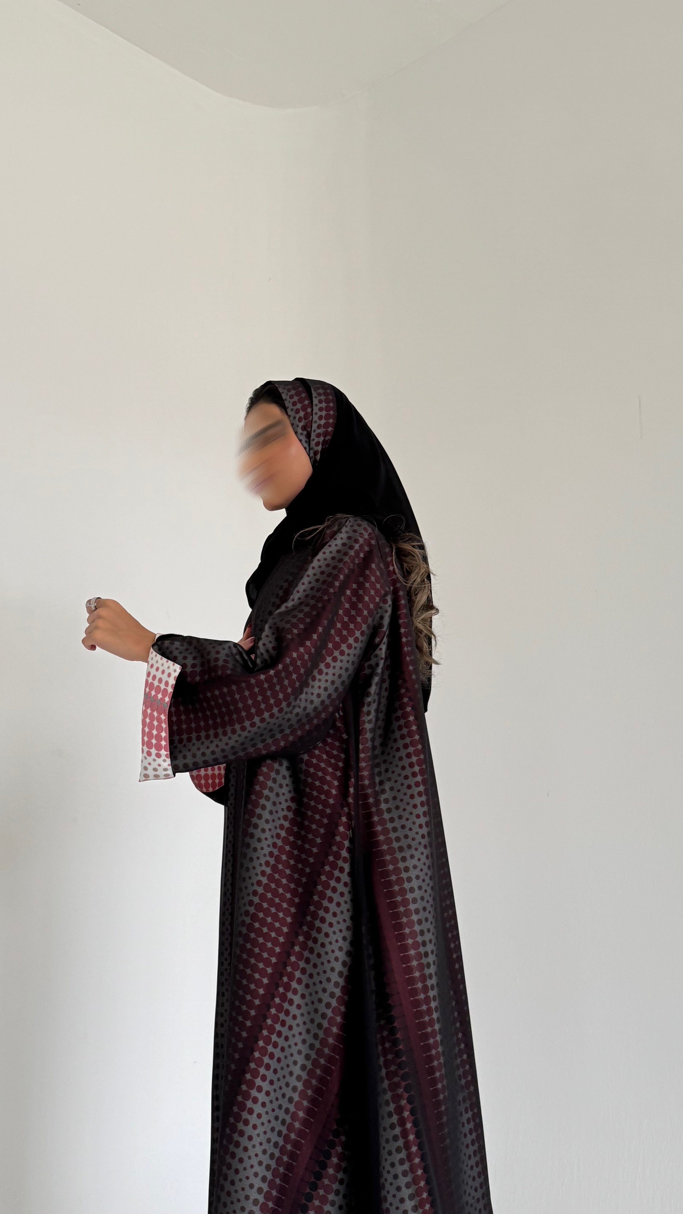 MWT302 - عباية تفته منقط مع شيفون|Polka-Dot Taffeta Abaya with Chiffon - Aya