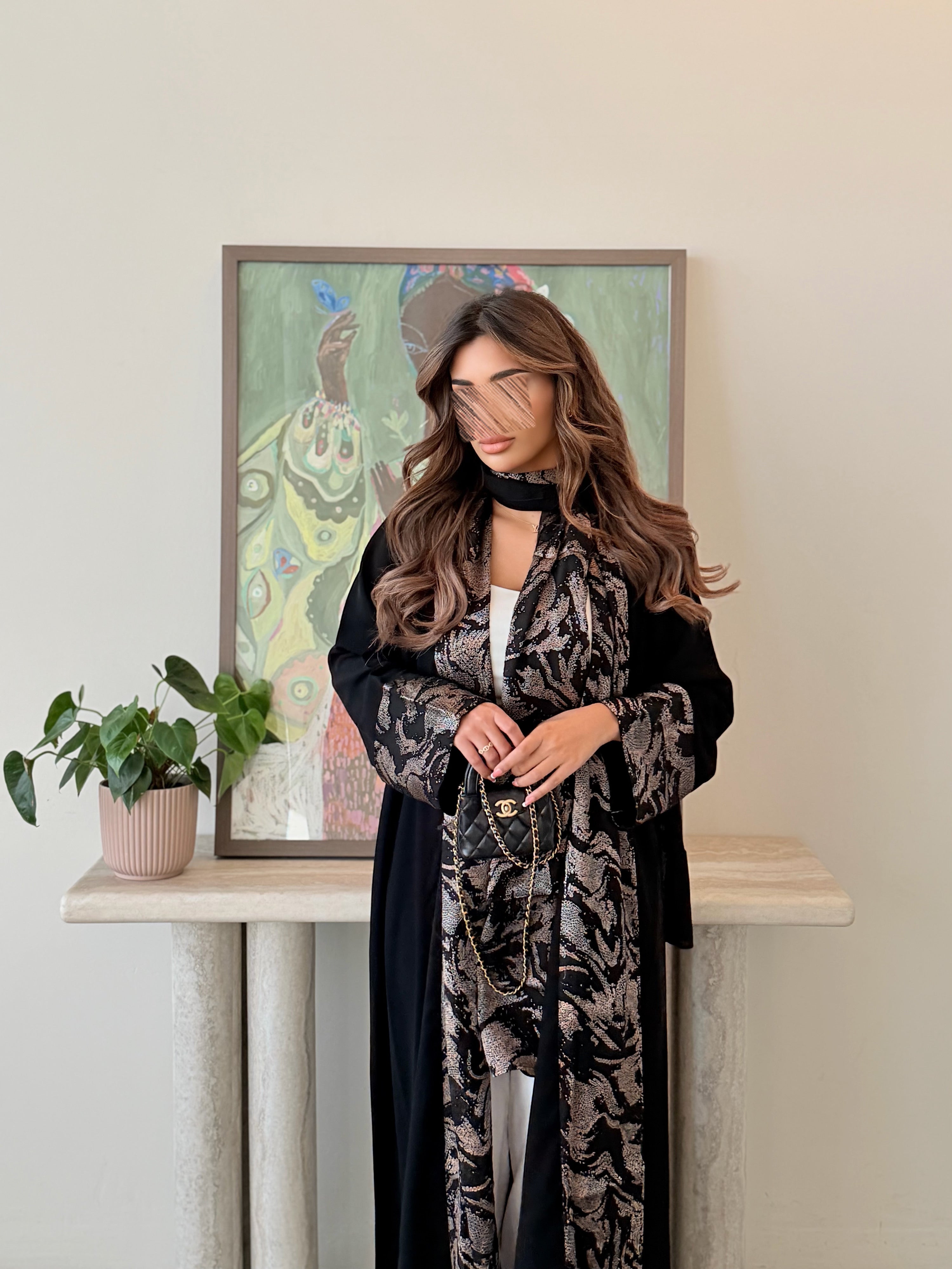 MWT5029 - قماش كريب اسود مع شيفون لمعه قصة كلوش - Aya