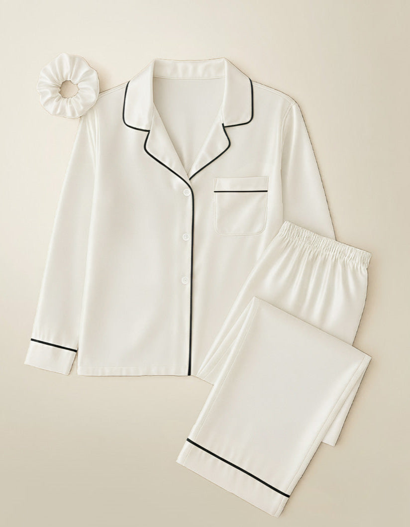 MWP03 -Button Down Silk PJ Sets with Free Scrunchie- White | طقم بجامة حرير - أبيض (ربطة شعر مجانية) - Aya