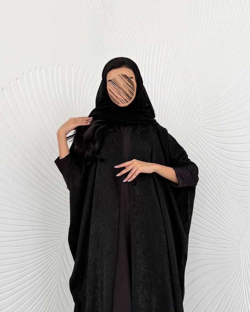 MWT5129 - عبايه اسود كريب خفيف طايح مشجر مع أكمام ستريتش - Aya