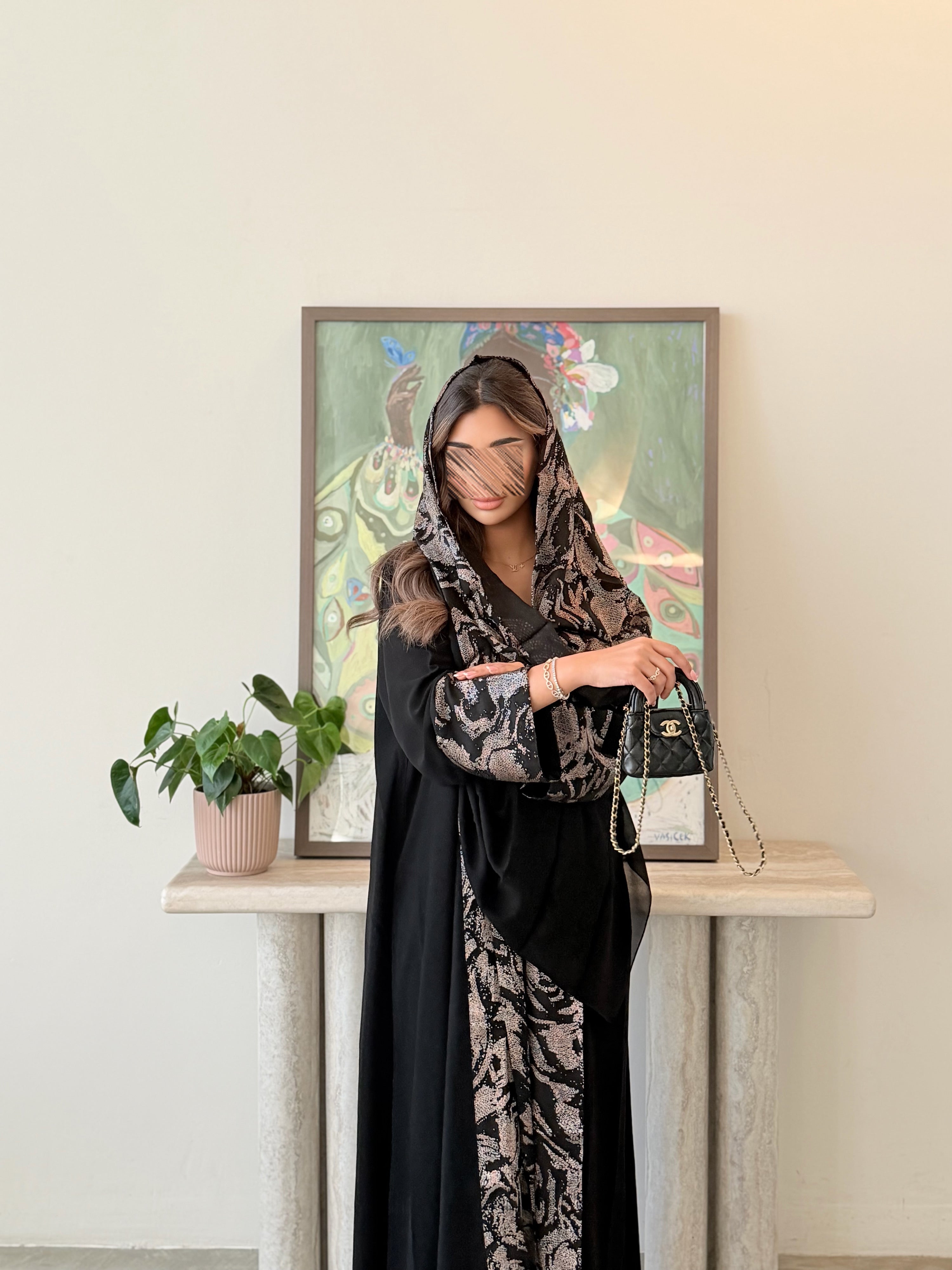 MWT5029 - قماش كريب اسود مع شيفون لمعه قصة كلوش - Aya