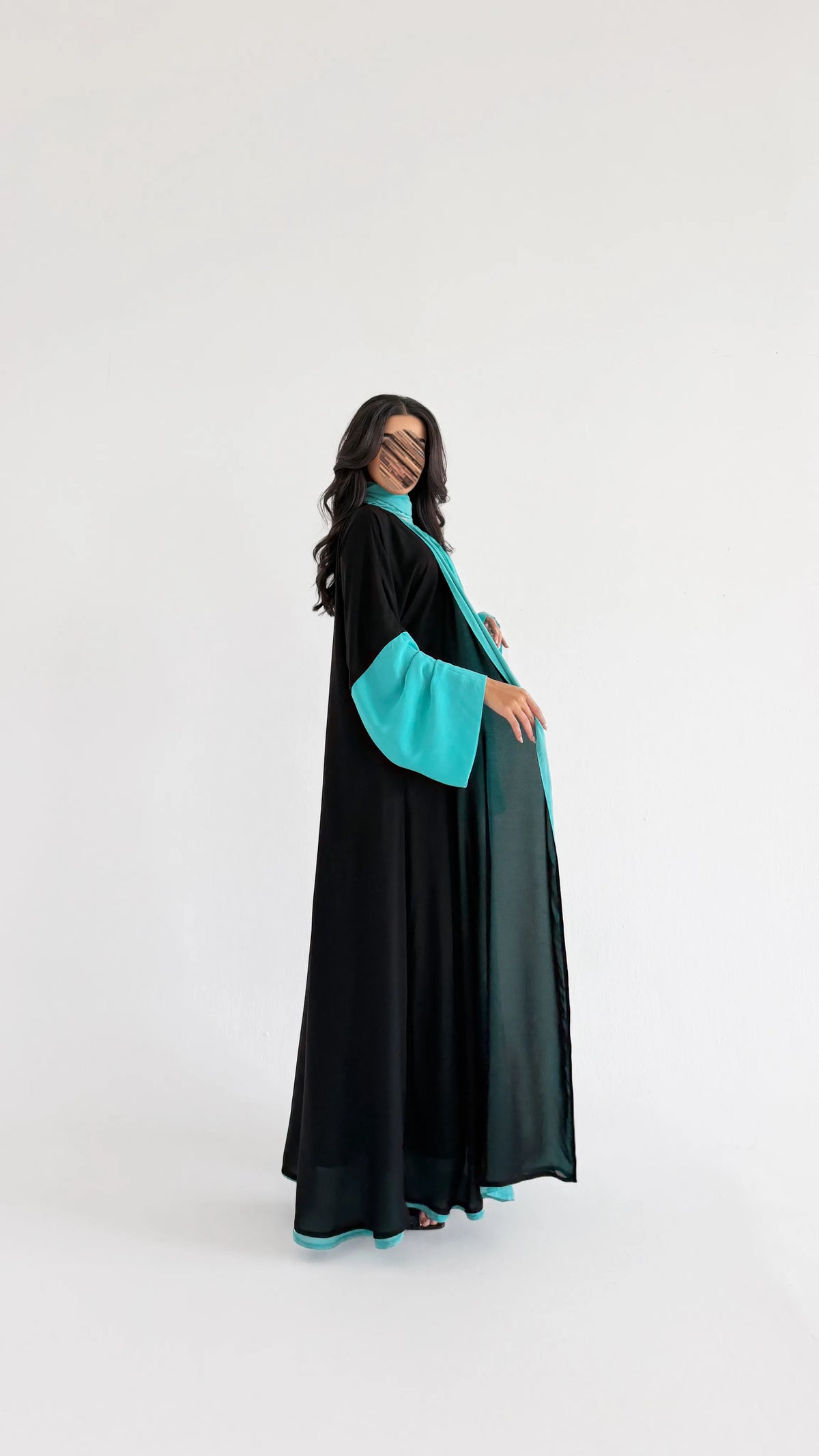 MWT1259 - عباية دبل فيس اسود وتركواز - Aya