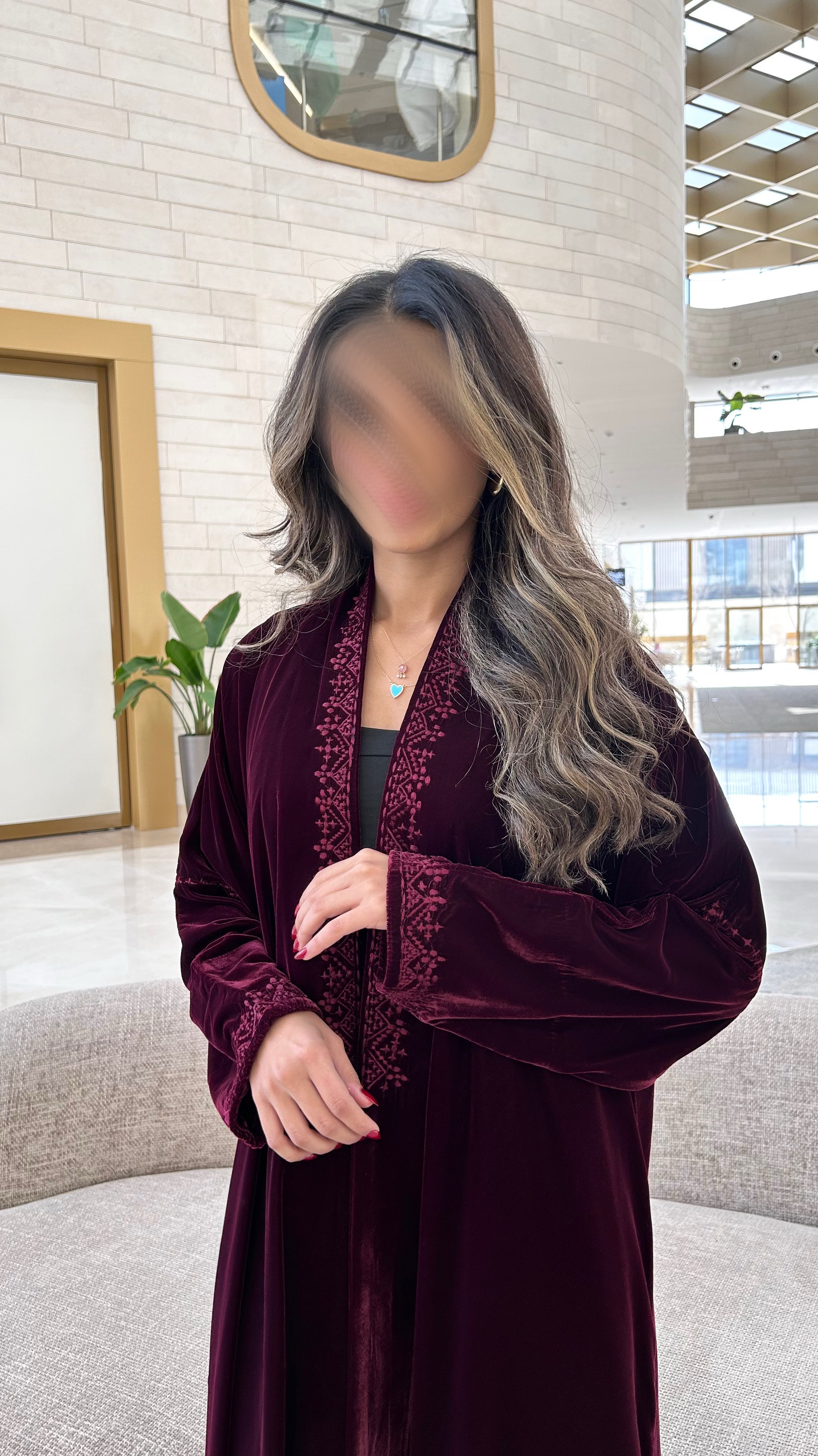 MWT641 - عباية عنابي مخمل تطريز - Aya