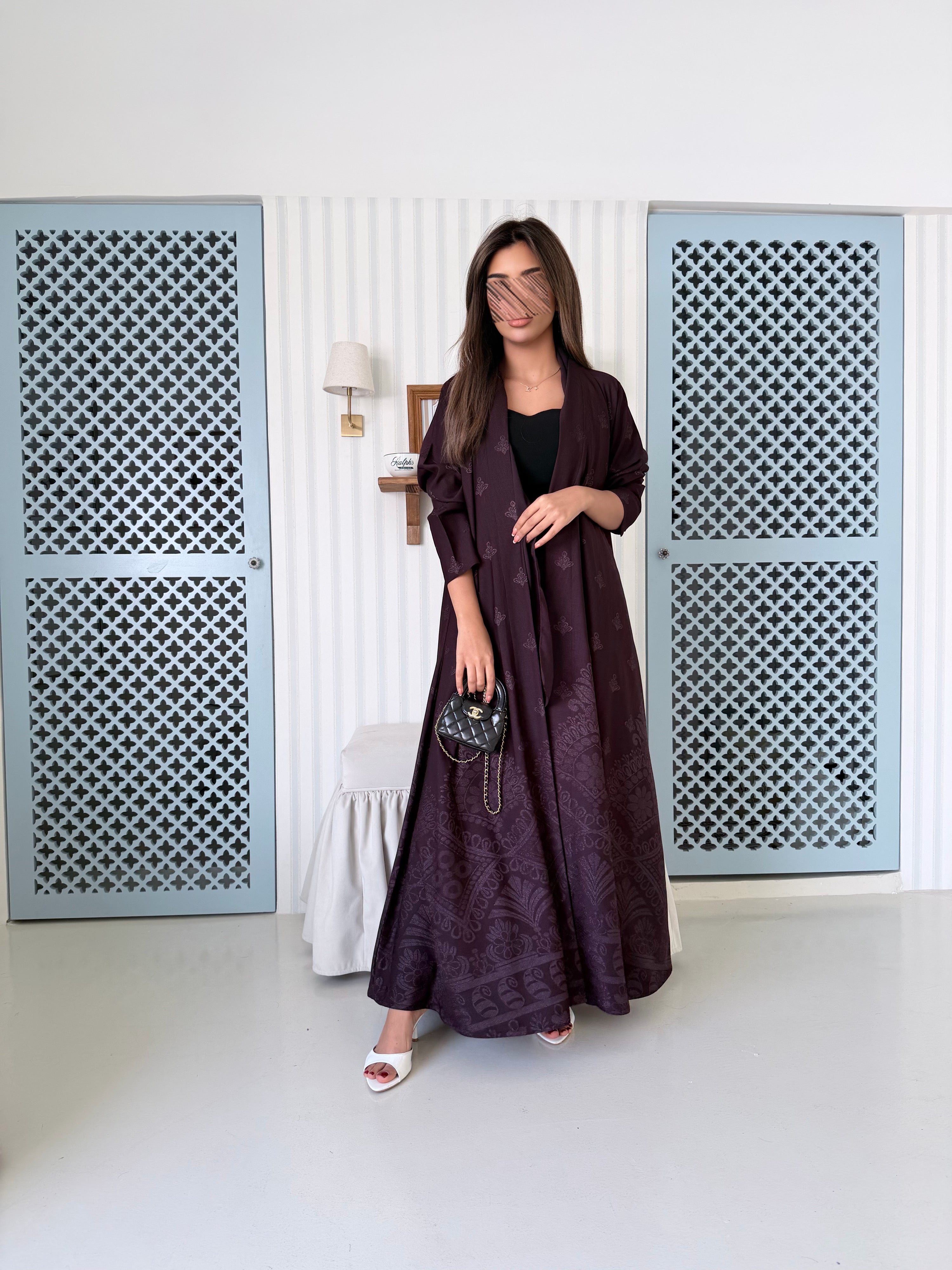 MWT5008 - عبايه عنابي طباعة كريب قصة نص كلوش - Aya