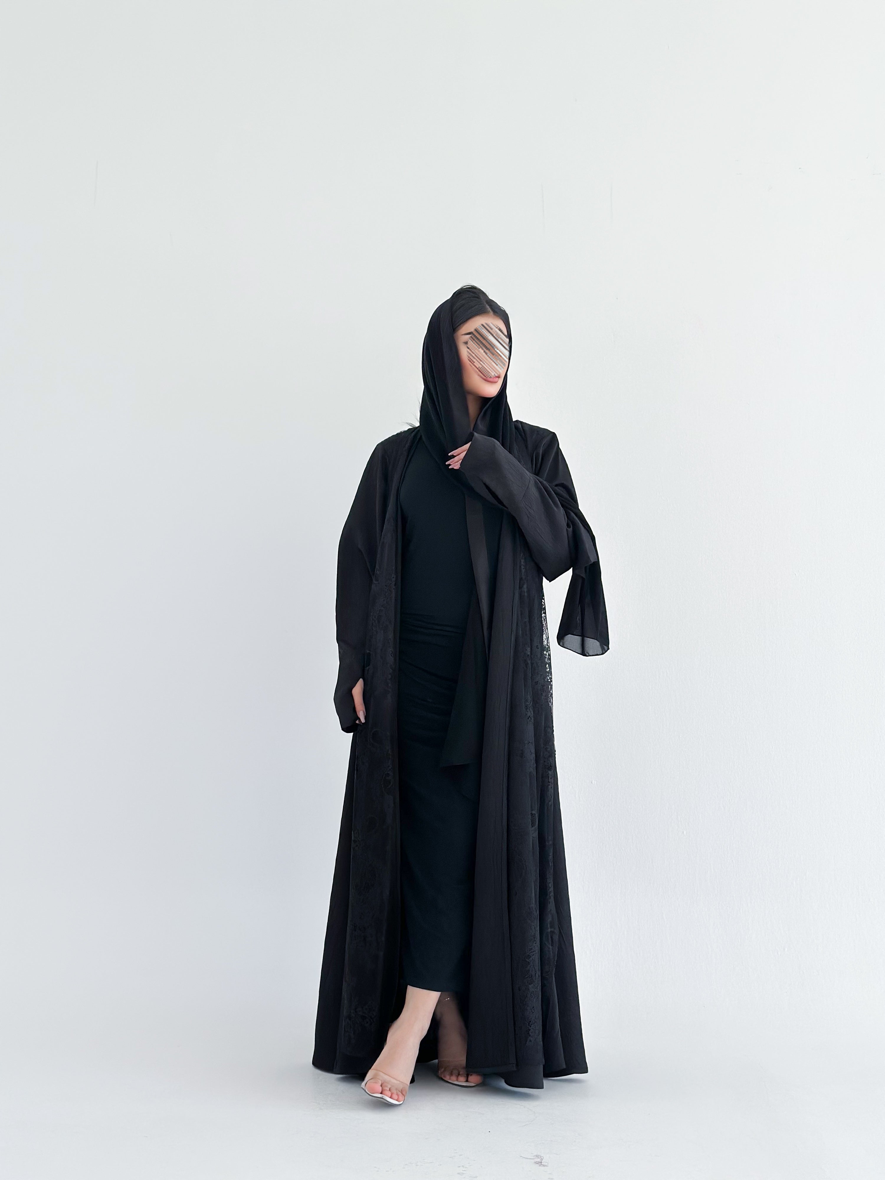 MW2115 - عباية جاكار بقصة نص كلوش مع اضافة الدانتيل عصرية - Aya