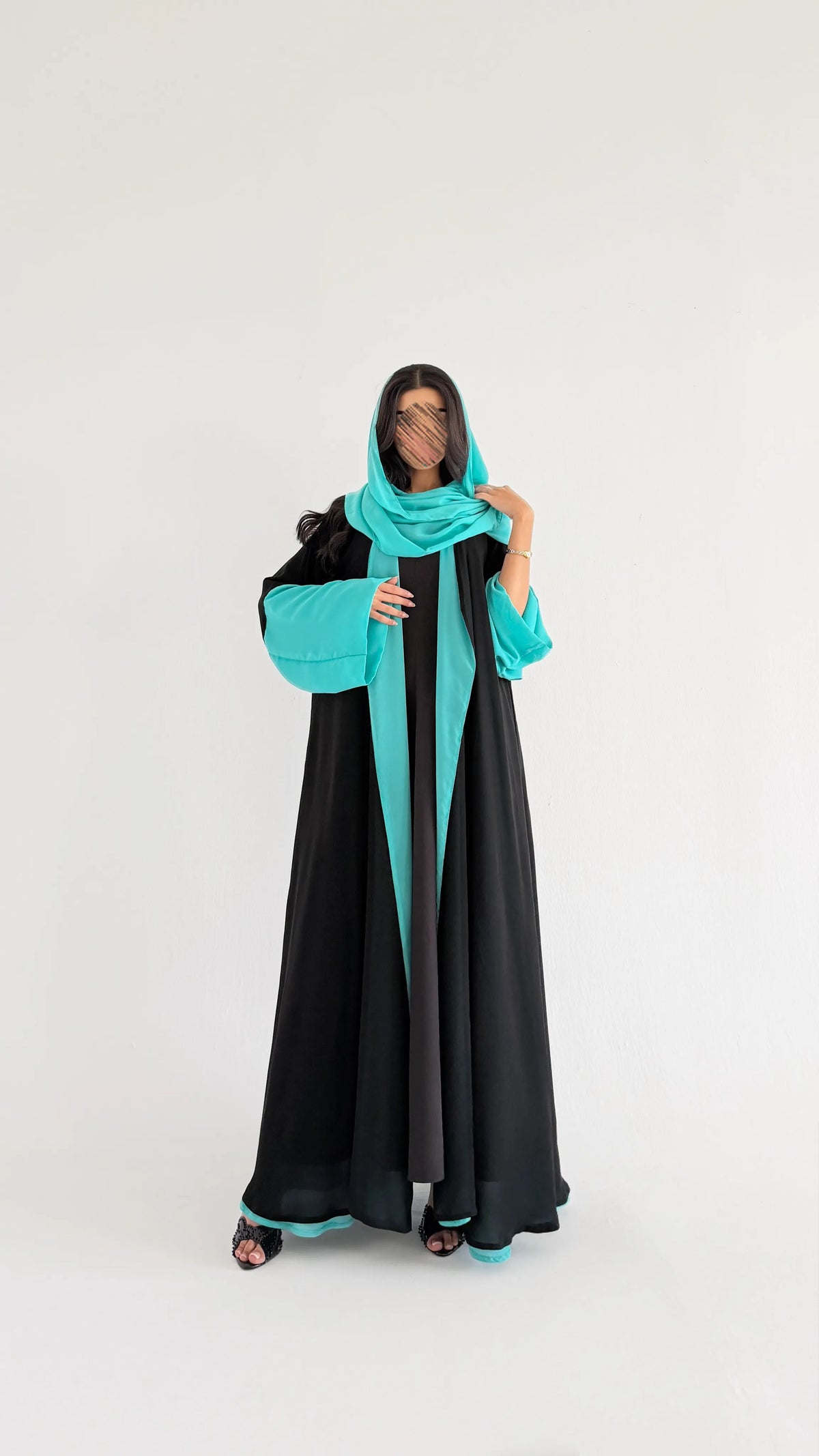 MWT1259 - عباية دبل فيس اسود وتركواز - Aya