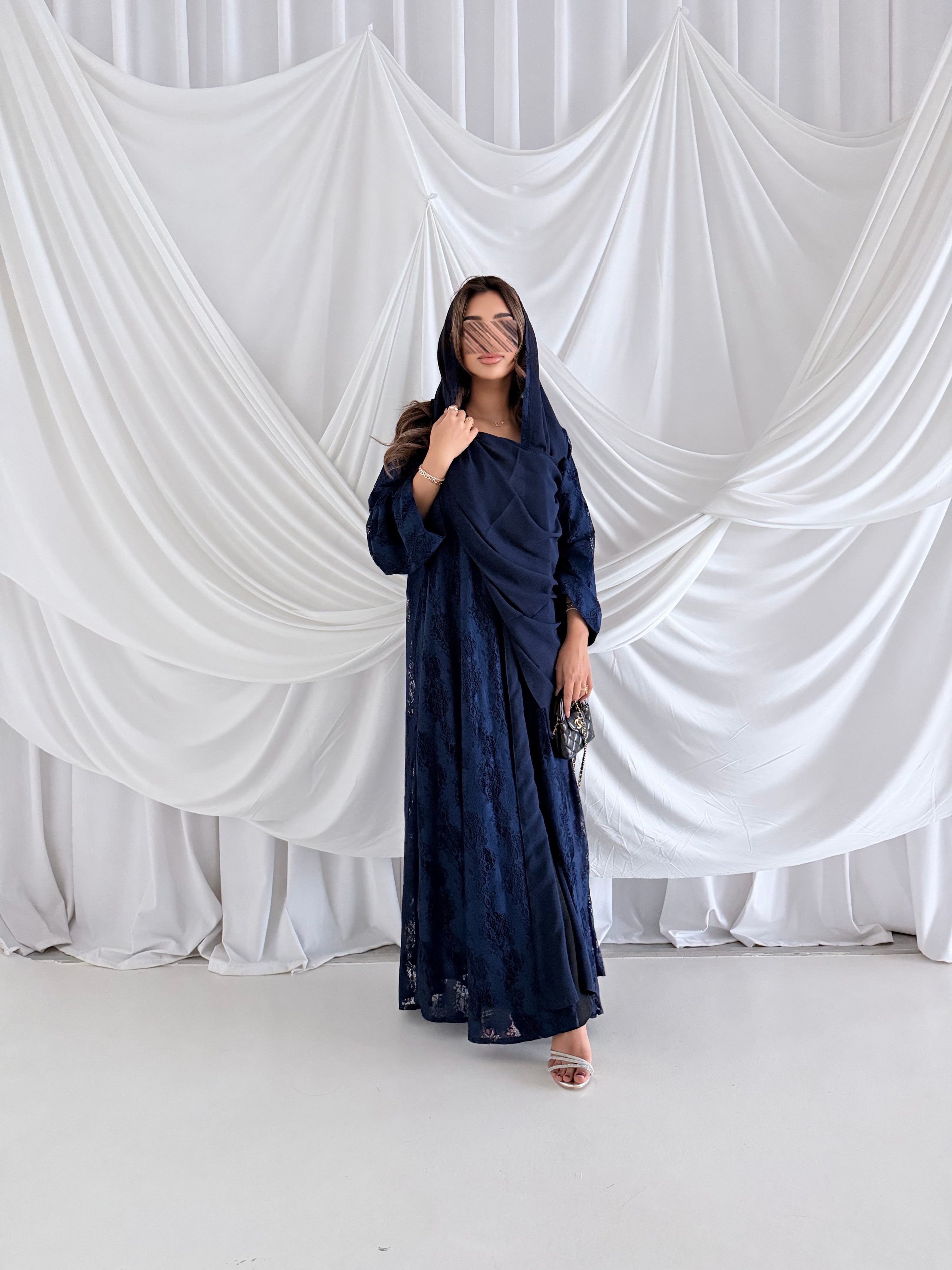 MWT5057 - قماش كحلي دانتيل مبطن كامل قصة كلوش - Aya