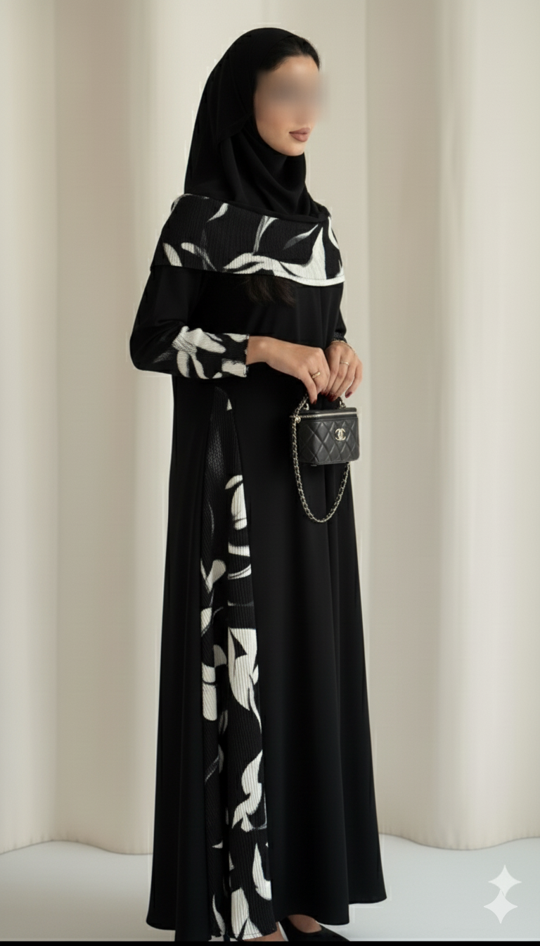 MWT900 - عباية سوداء كريب كلوش تدخيلة جوانب جاكار طباعة