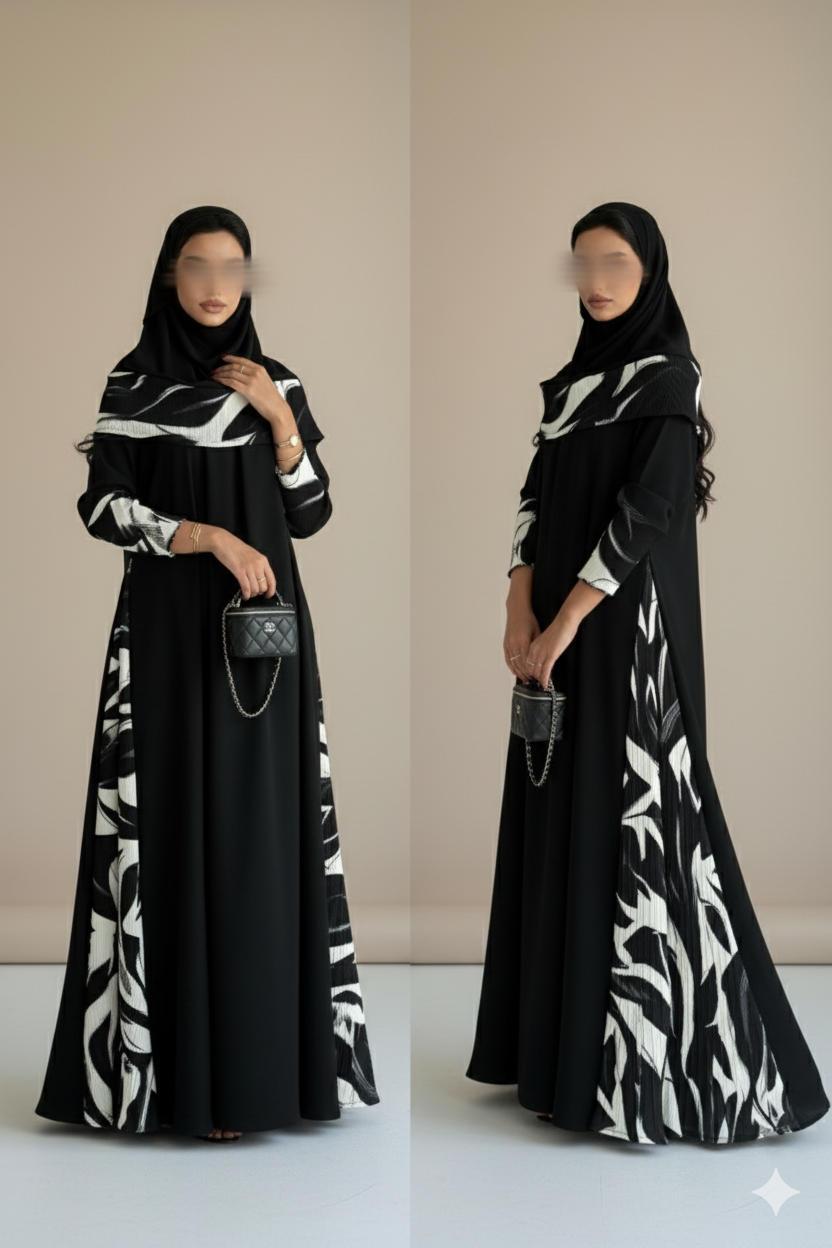 MWT900 - عباية سوداء كريب كلوش تدخيلة جوانب جاكار طباعة