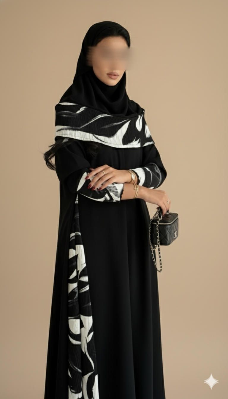 MWT900 - عباية سوداء كريب كلوش تدخيلة جوانب جاكار طباعة