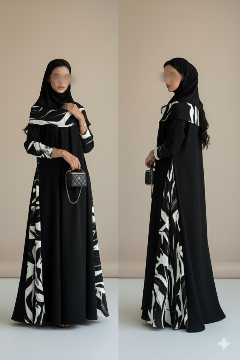 MWT900 - عباية سوداء كريب كلوش تدخيلة جوانب جاكار طباعة