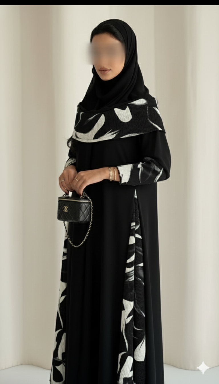 MWT900 - عباية سوداء كريب كلوش تدخيلة جوانب جاكار طباعة