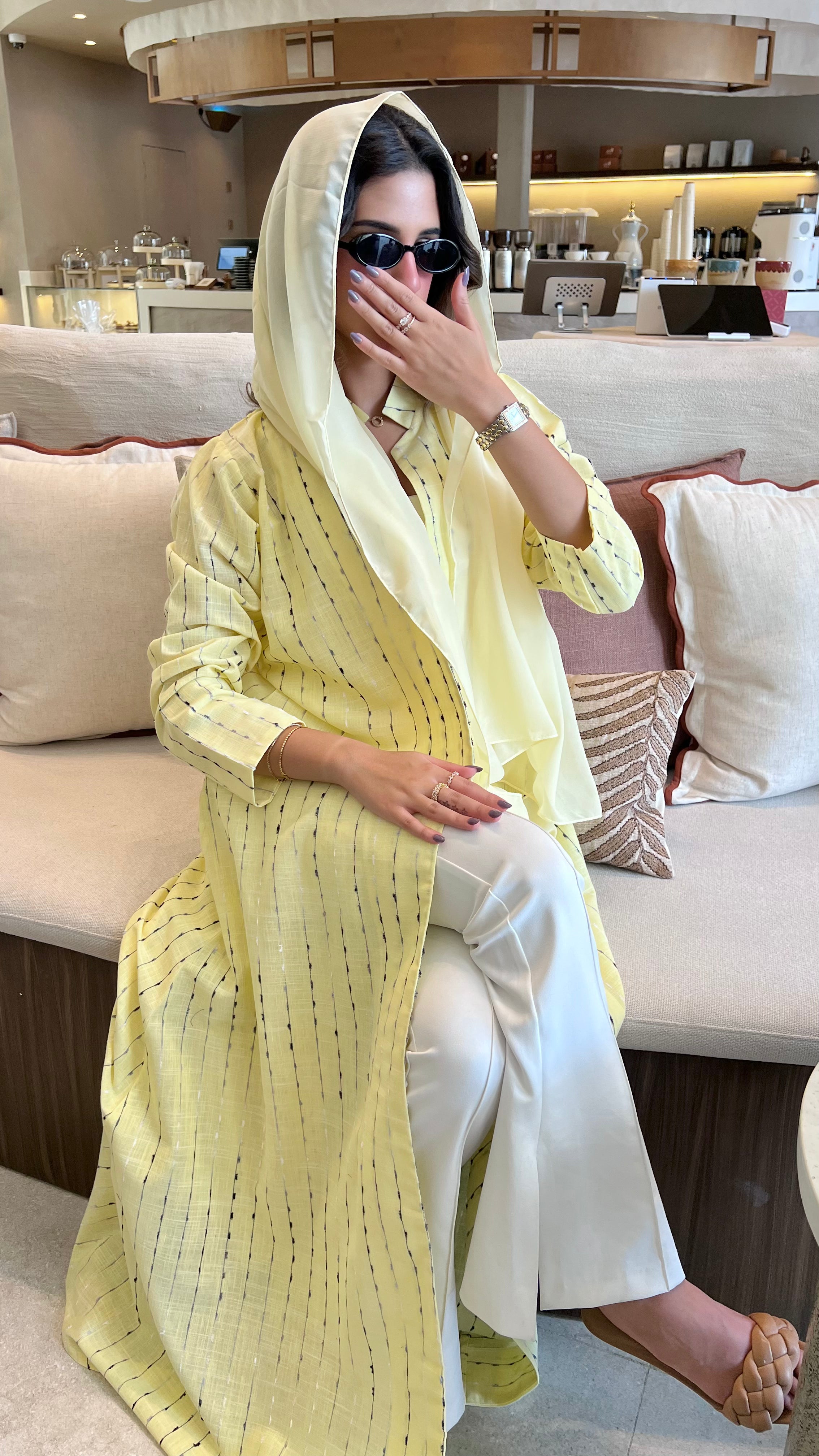 MW1631 - عباية لنن هندي مخطط اصفر-Yellow Striped Indian Linen - Aya