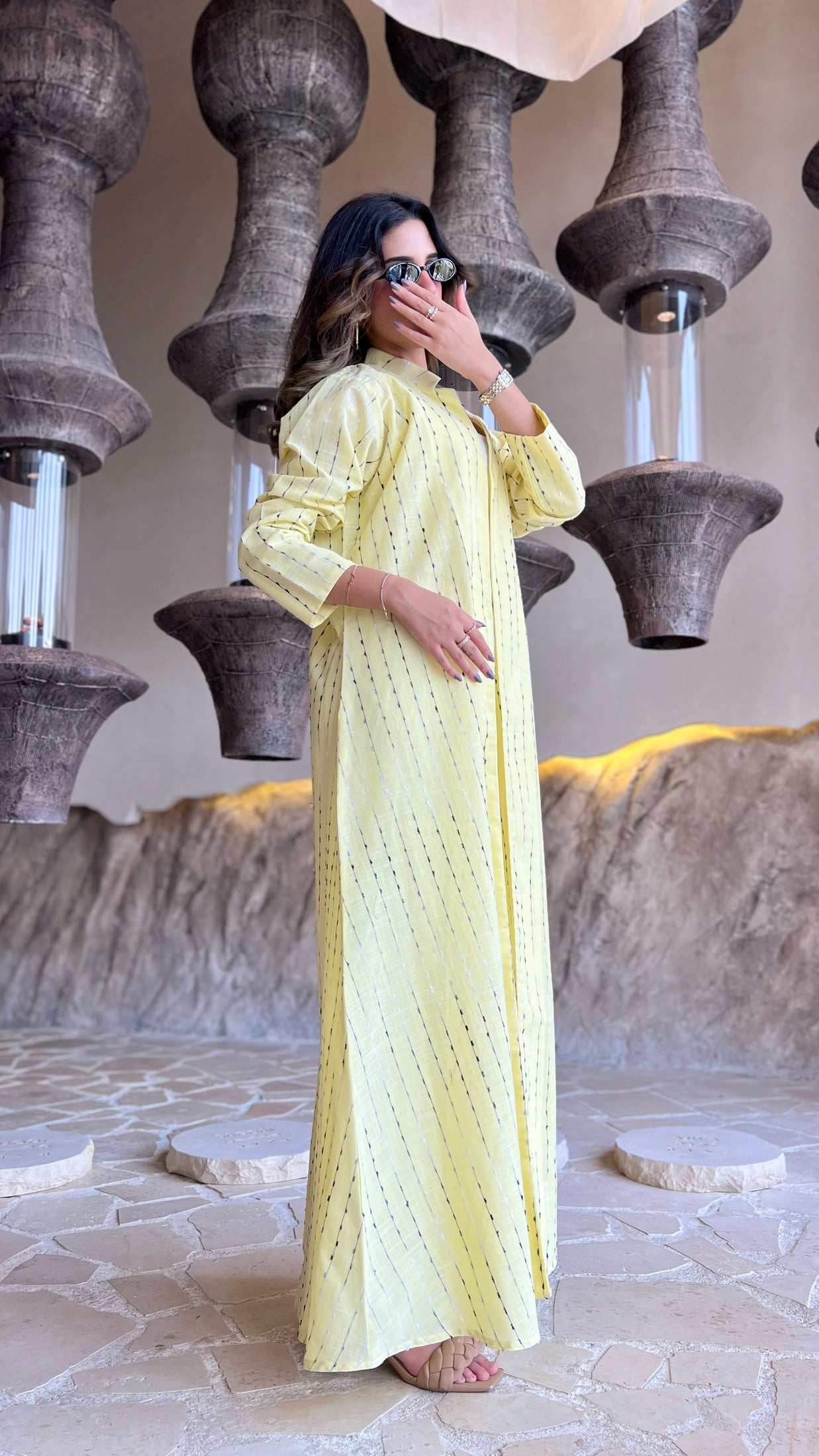 MW1631 - عباية لنن هندي مخطط اصفر-Yellow Striped Indian Linen - Aya
