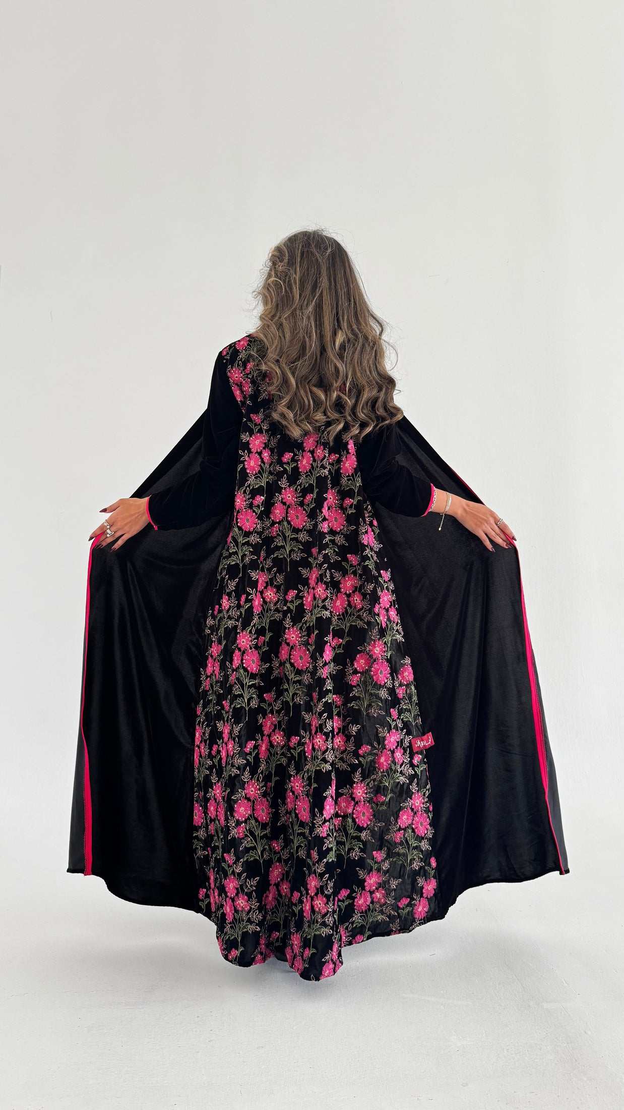 MWT732 - Black velvet abaya with pink rose embroidery | عباية مخمل اسود مع تطريز زهري - Aya