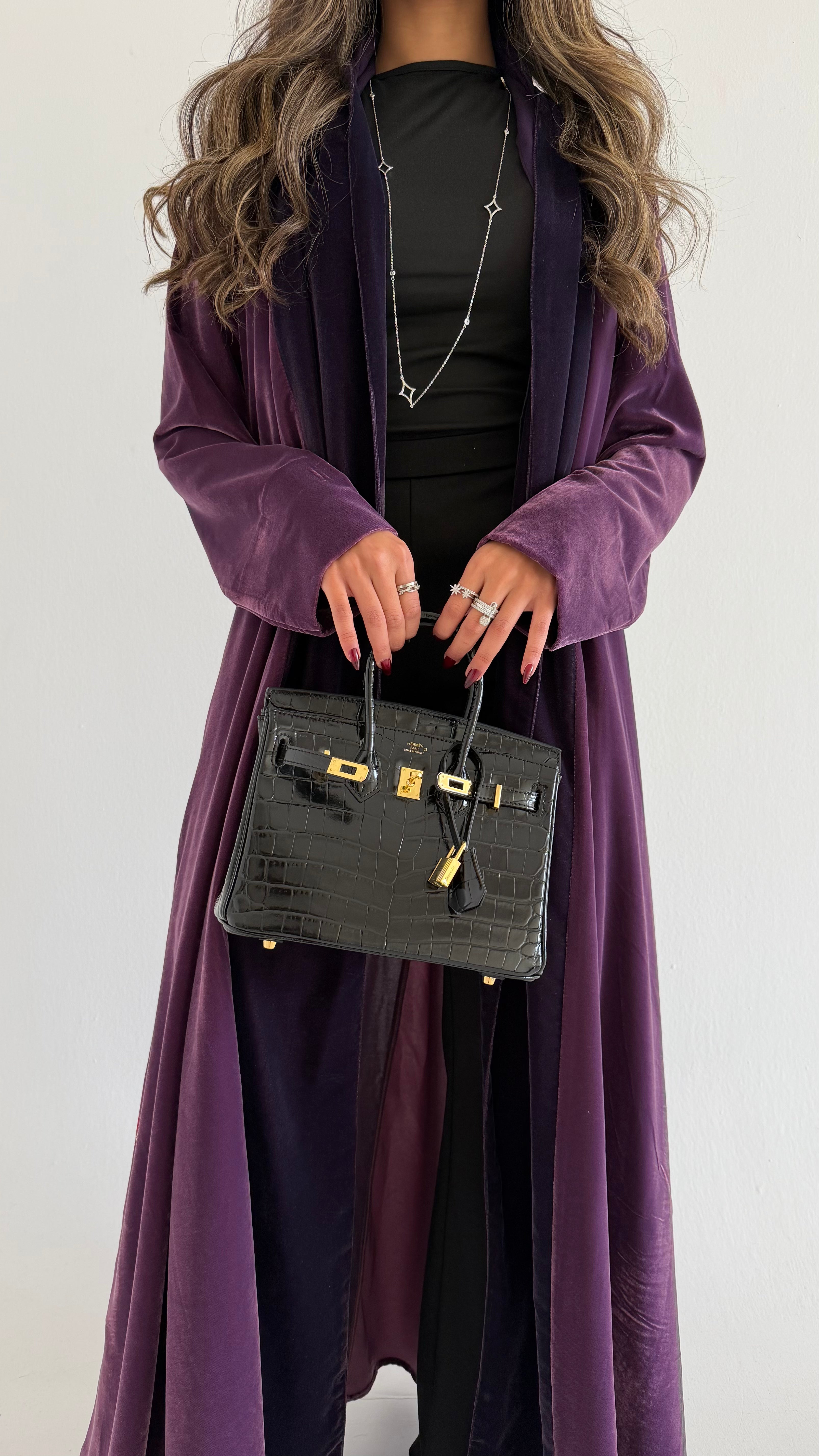 MWT599 - Velvet abaya in light and dark purple | عباية مخمل موف غامق وموف فاتح - Aya